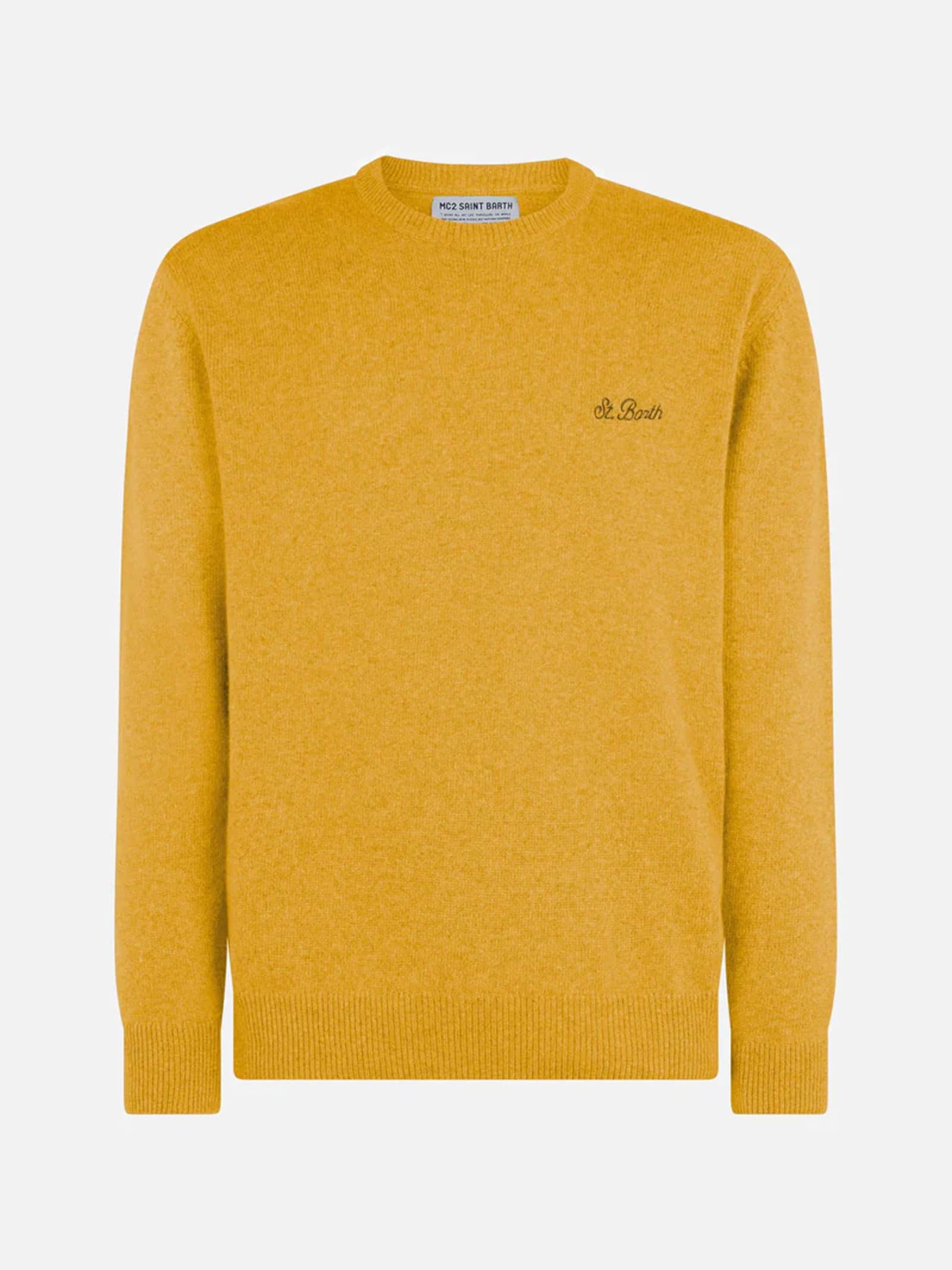 Mc2 Saint Barth Man Crewneck Ochre Yellow Sweater With St. Barth Embroidery In Yellow