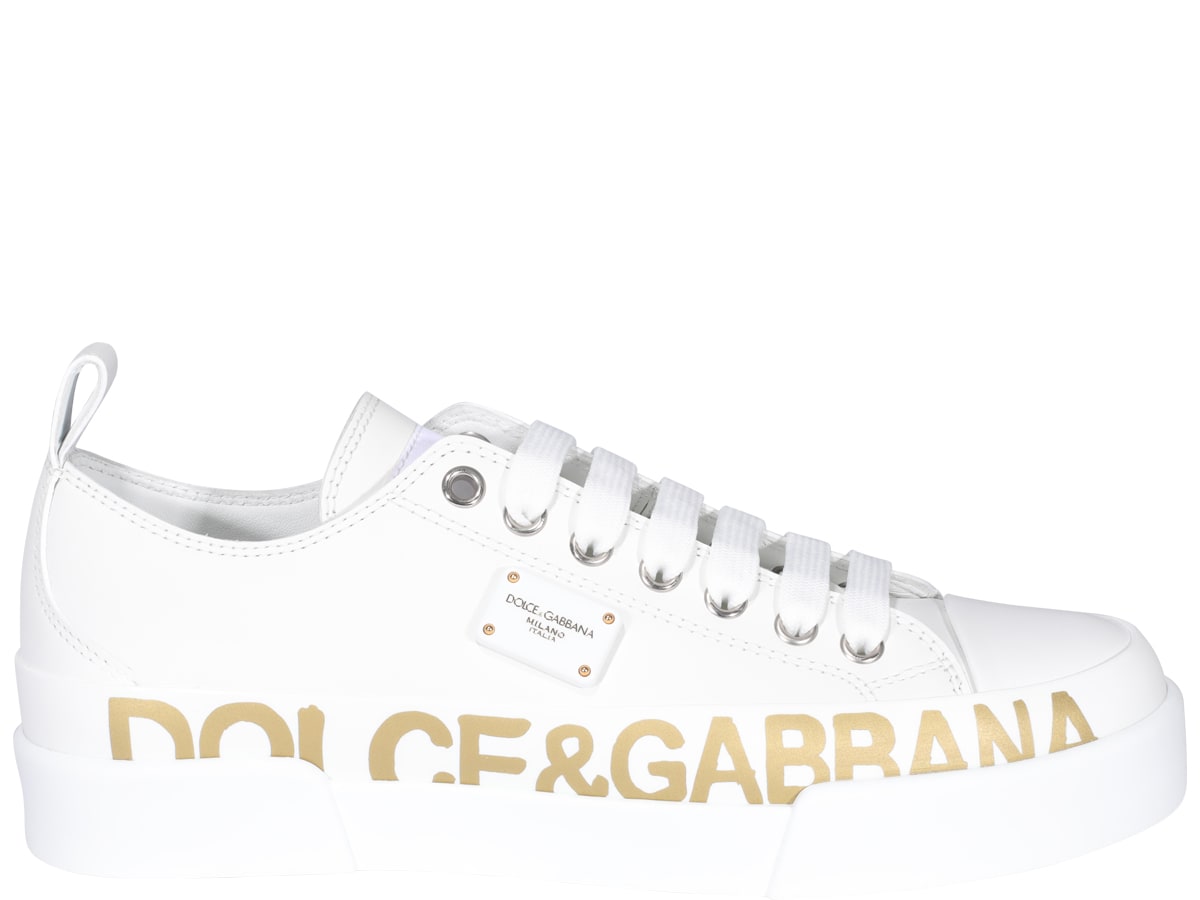 Dolce & Gabbana Sneakers In White Leather With Gold Logo In Bianco