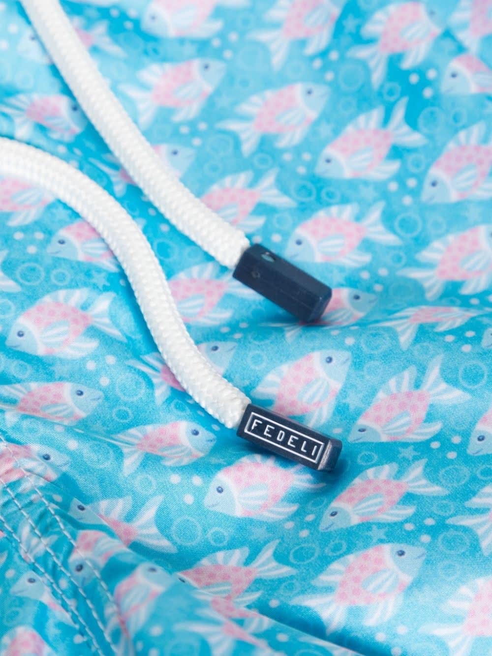 Shop Fedeli Light Blue Swim Shorts With Pink Fish Pattern