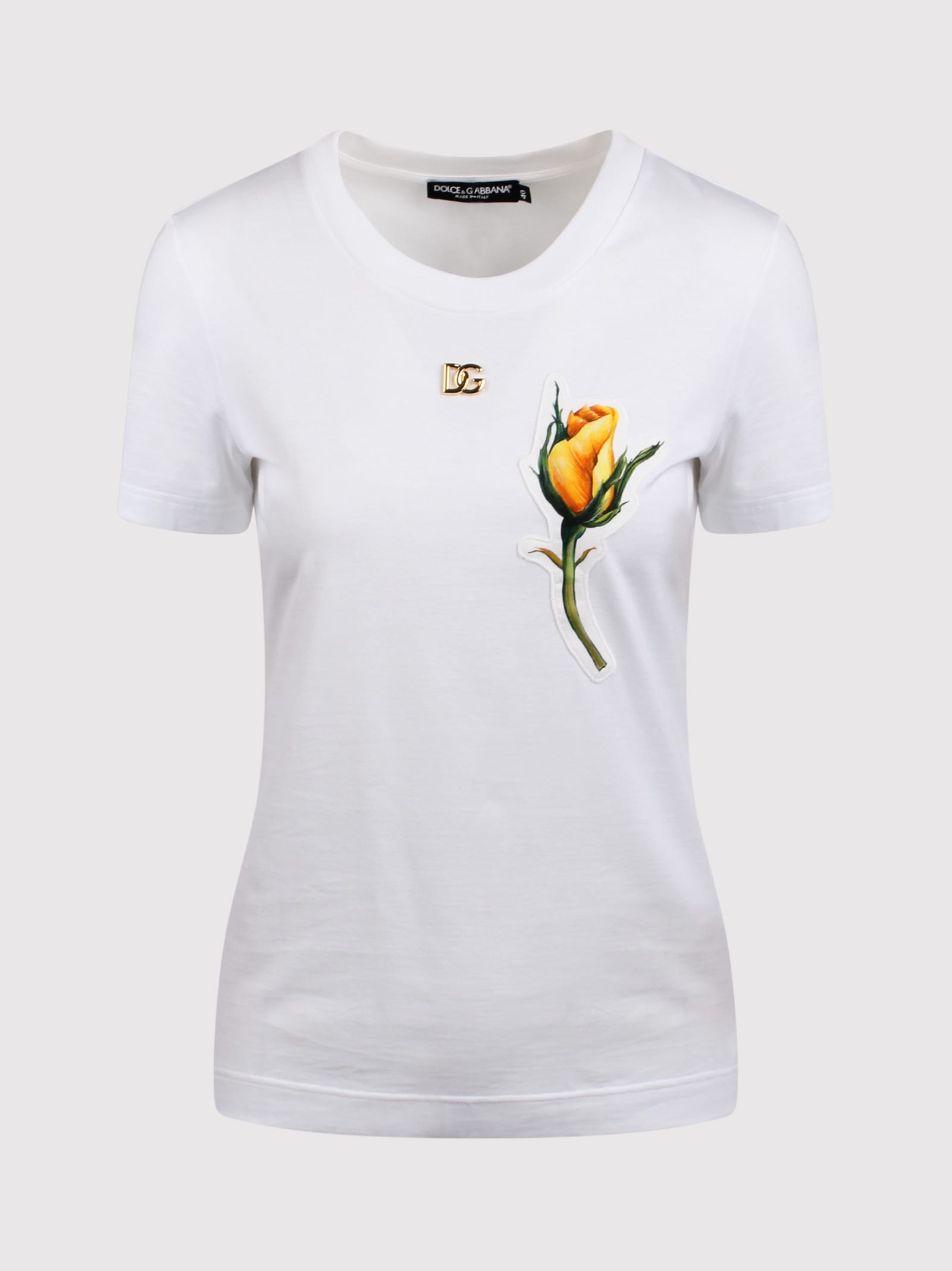 Dolce & Gabbana Jersey T-shirt With Dg Logo And Yellow Rose-embroidered Patch