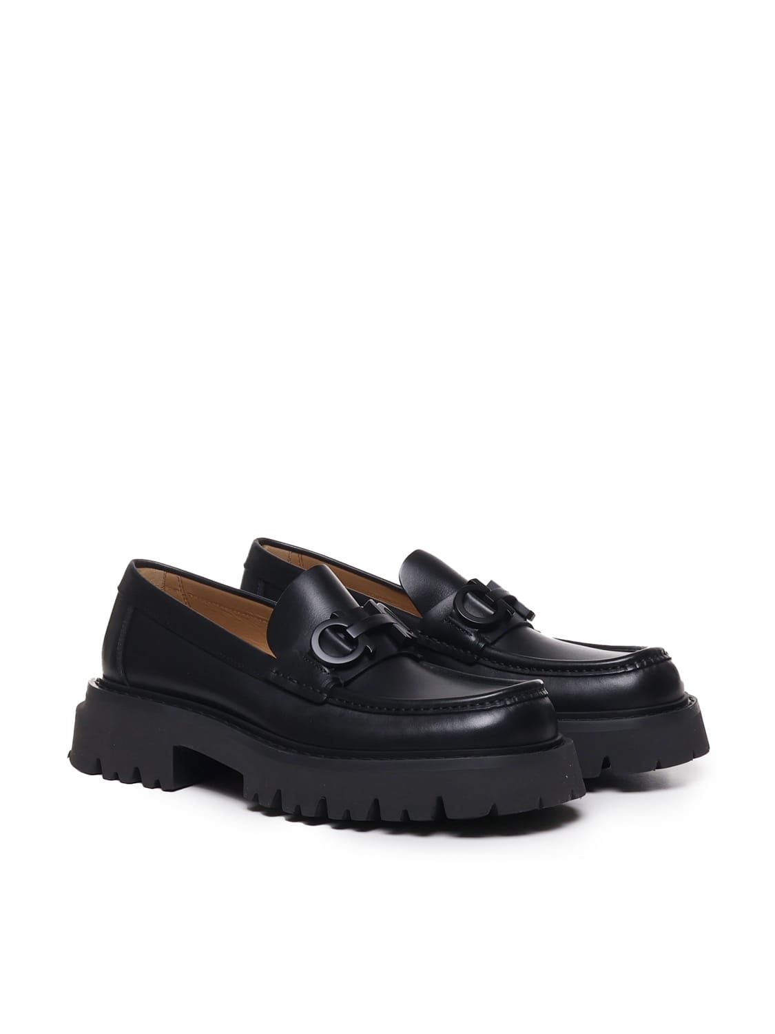 Shop Ferragamo Calfskin Gancini Loafers In Black