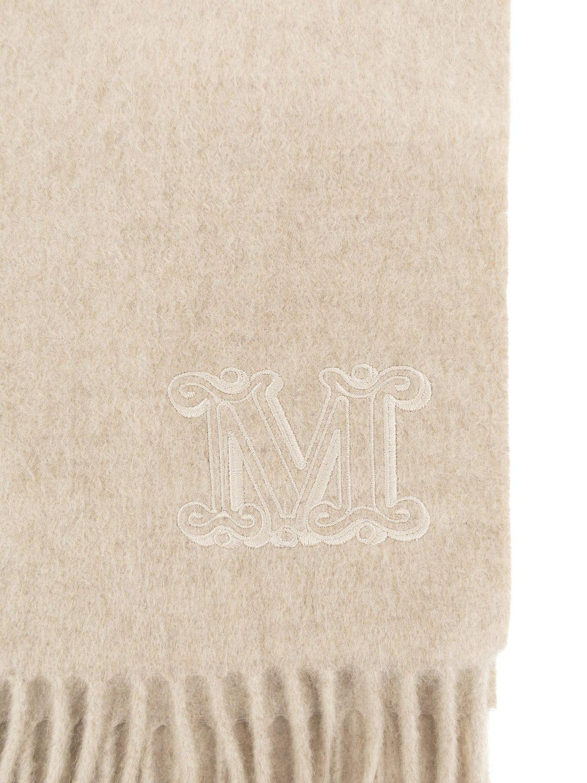 Shop Max Mara Logo Embroidered Fringed Scarf In Beige