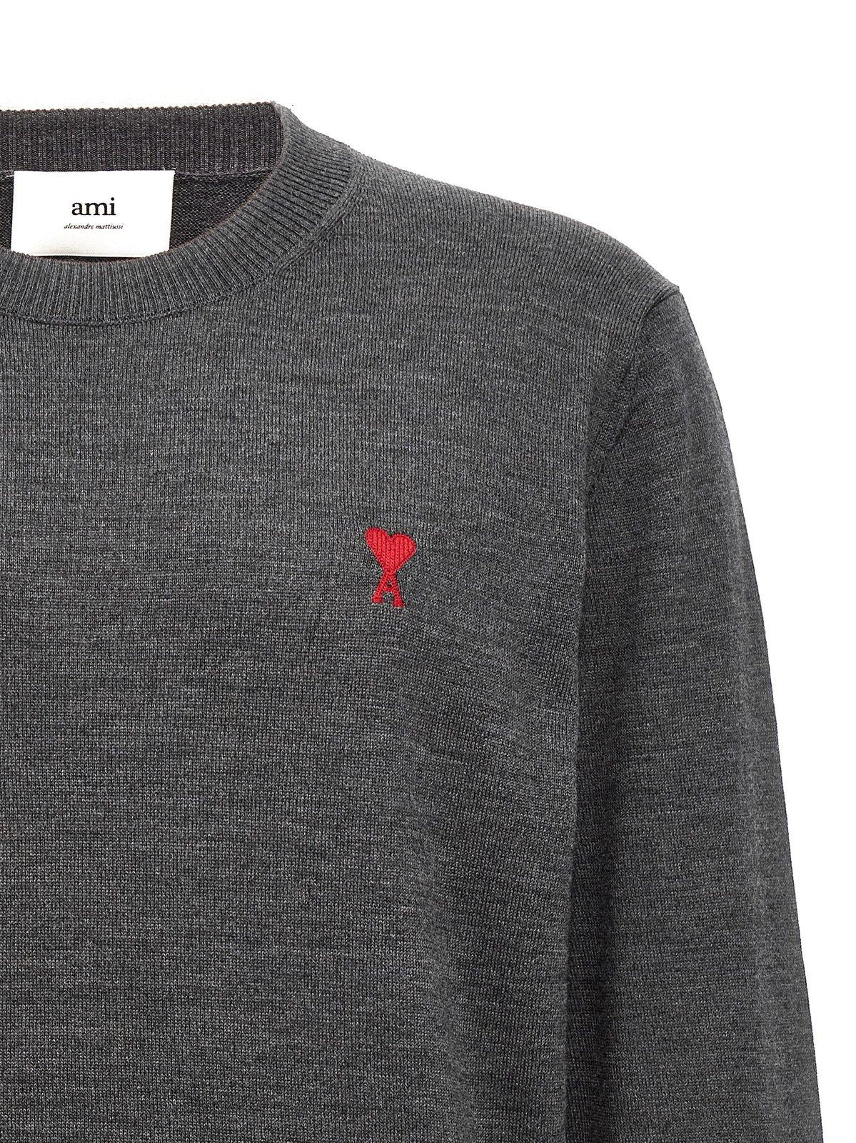 Shop Ami Alexandre Mattiussi Paris De Coeur Logo Embroidered Crewneck Jumper In Grey