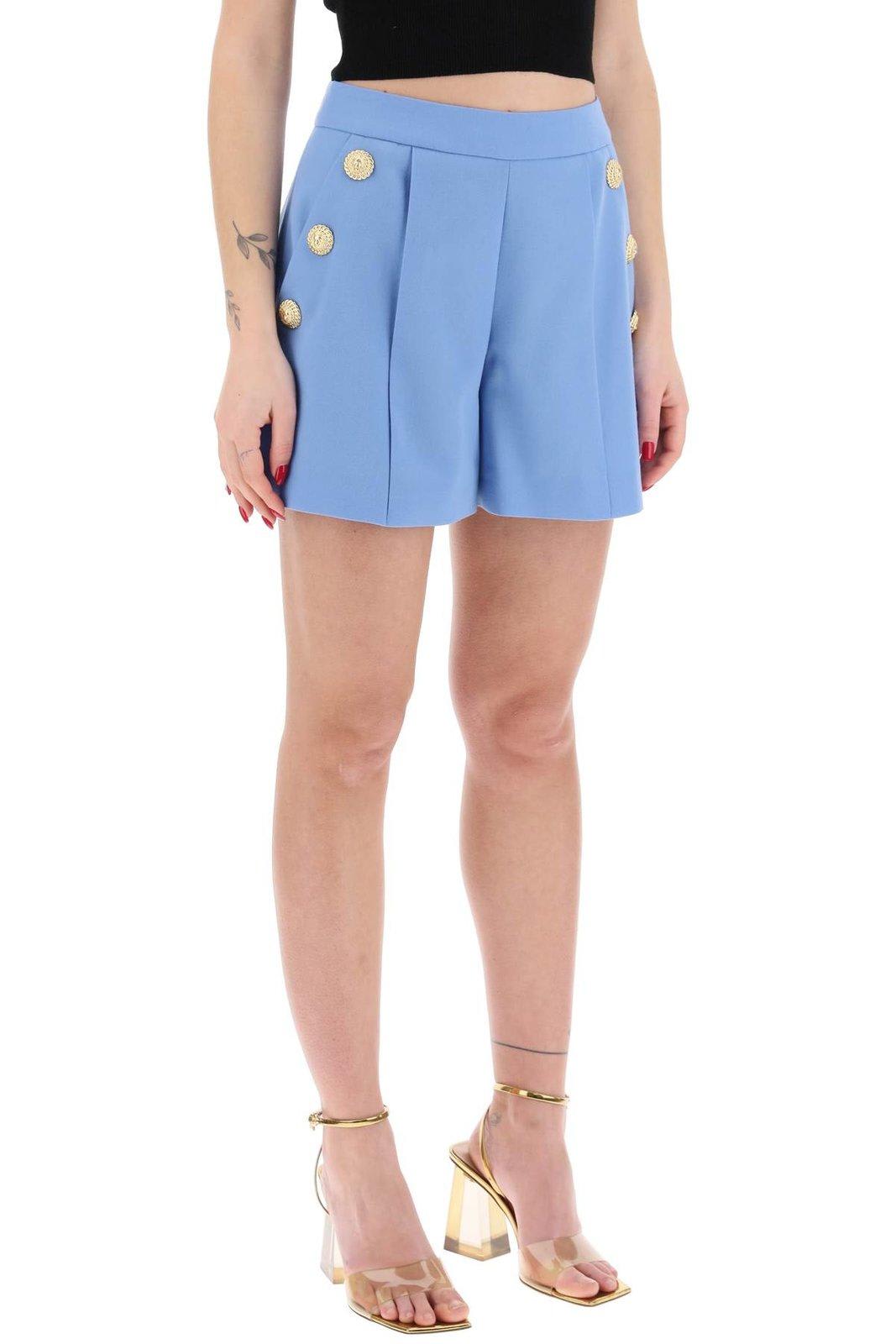 Shop Balmain Button Embellished Pleated Shorts In Azzurro