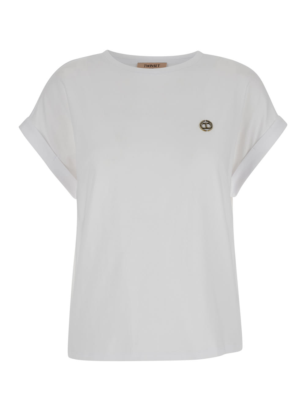 White T-shirt With Logo Placque In Cotton Woman TwinSet