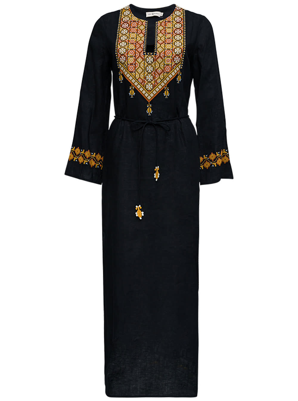 Tory Burch Long Caftan Linen Dress With Embroidered Inserts