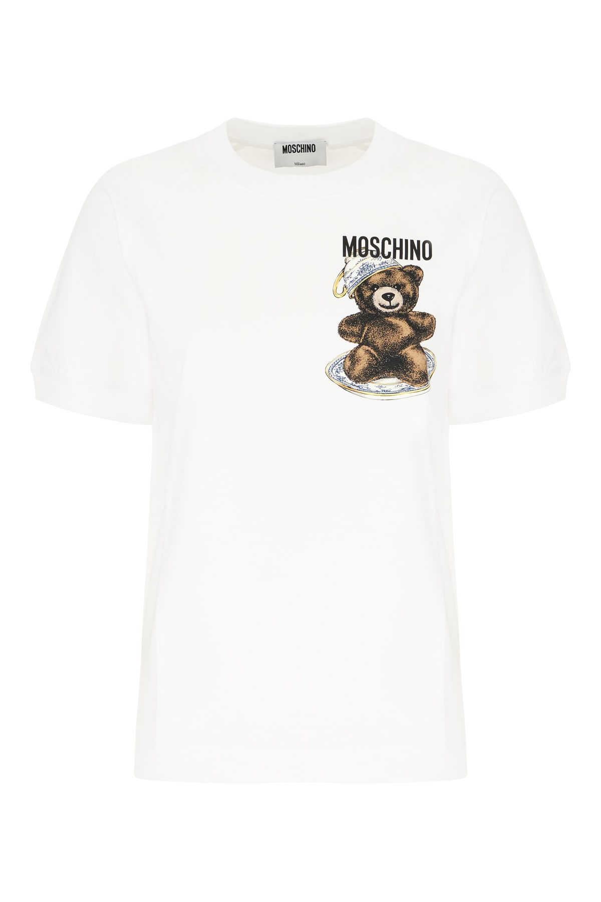 Moschino Cotton Sweater Ribbed Cuffs Hem Teddy Bear Motif In White