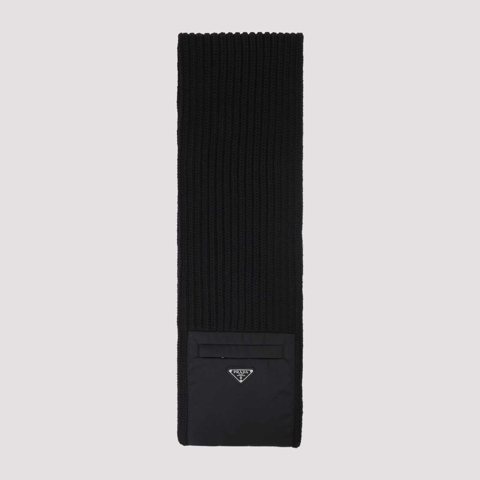 Prada Wool Blend Ribbed Scarf With Zip Pocket In Black