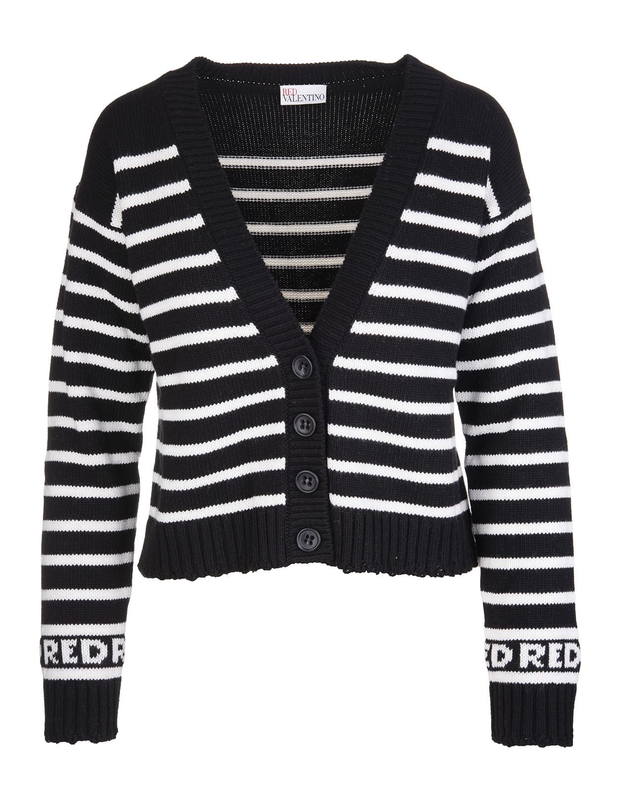 RED Valentino Black Cardigan In Wool Blend With White Stripes
