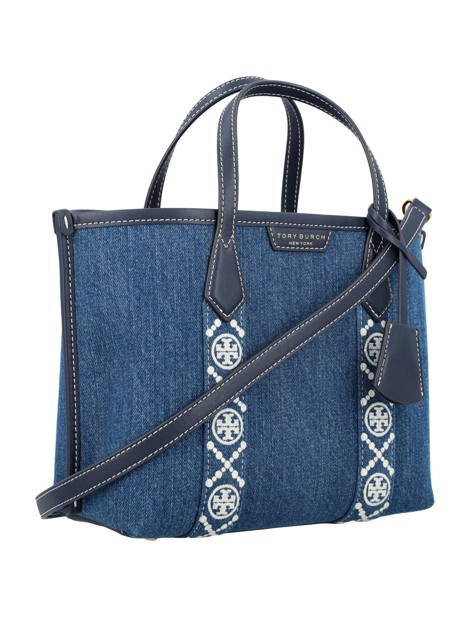 Shop Tory Burch Perry Denim Triple-compartment Small Tot In Denim Multi