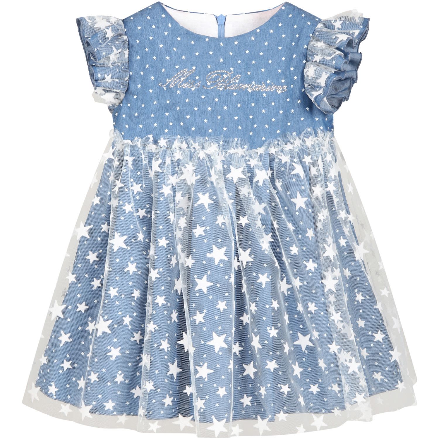 Blumarine Blue Dress For Babygirl With Stars