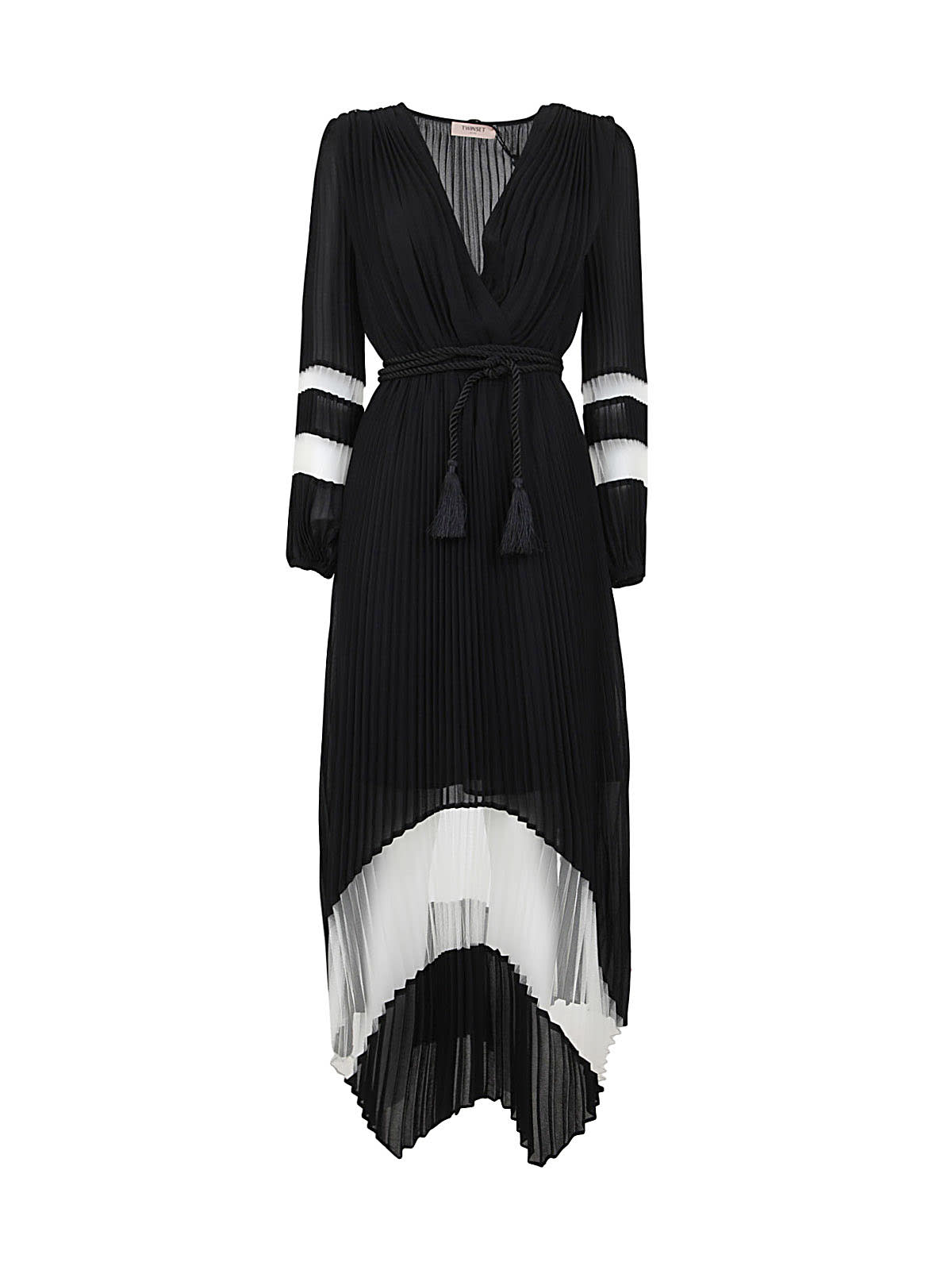 Twinset Long Sleeves Long Pleated Wrap Dress In Bic Black Ivory