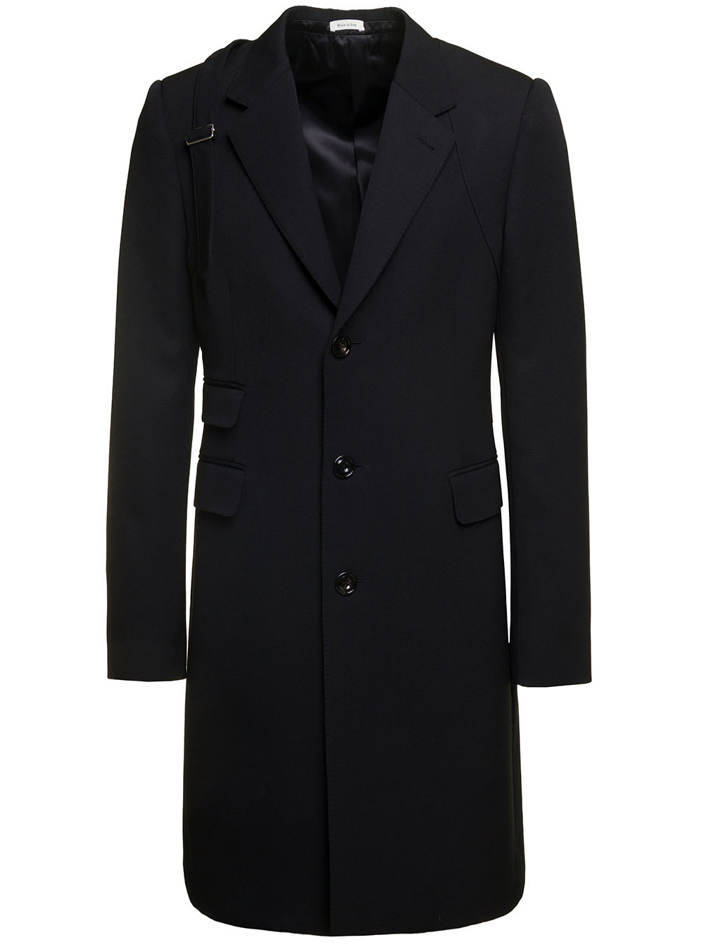 ALEXANDER MCQUEEN BLACK SINGLE-BREASTED COAT WITH HARNESS DETAIL IN WOOL MAN