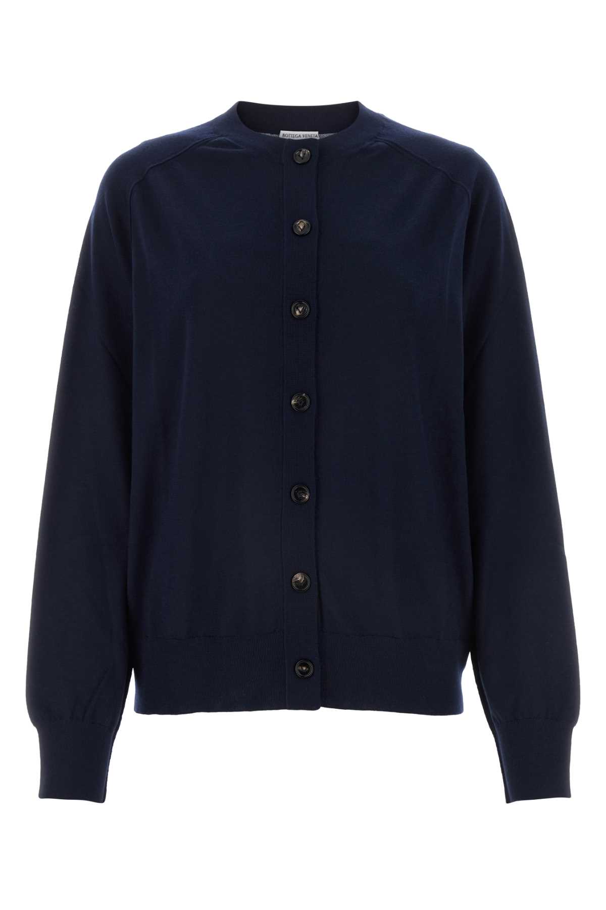 Shop Bottega Veneta Navy Blue Stretch Linen Blend Cardigan