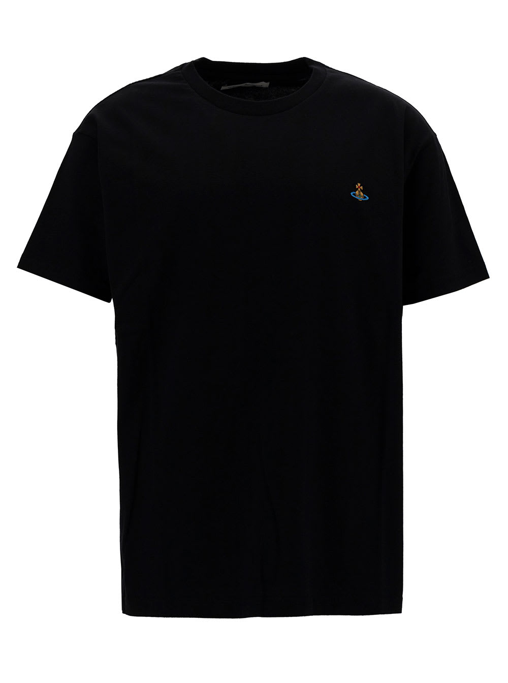VIVIENNE WESTWOOD BLACK CREWNECK T-SHIRT WITH MULTICOLOR ORB EMBROIDERY IN COTTON MAN