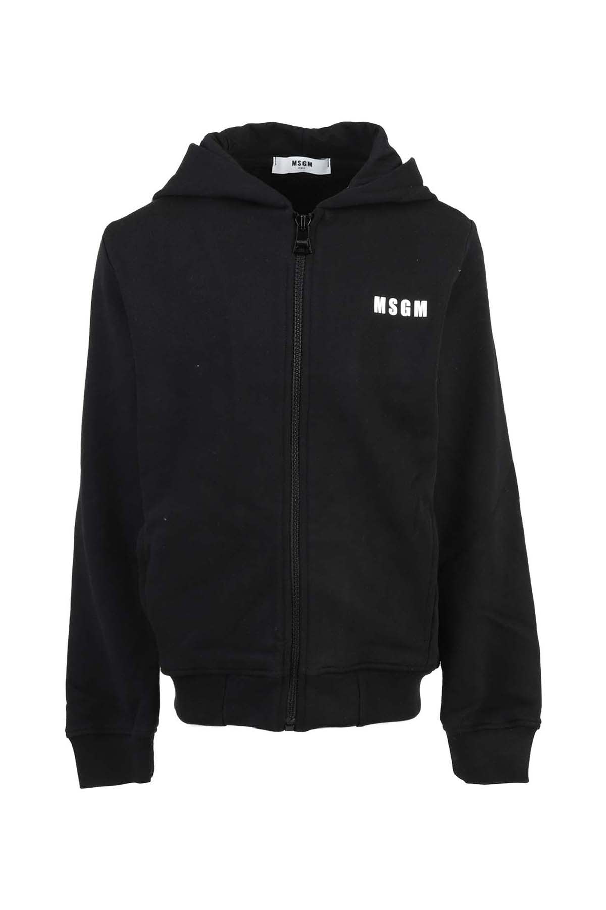 Msgm Boys Black Logo Zip Up Hoodie In Nero