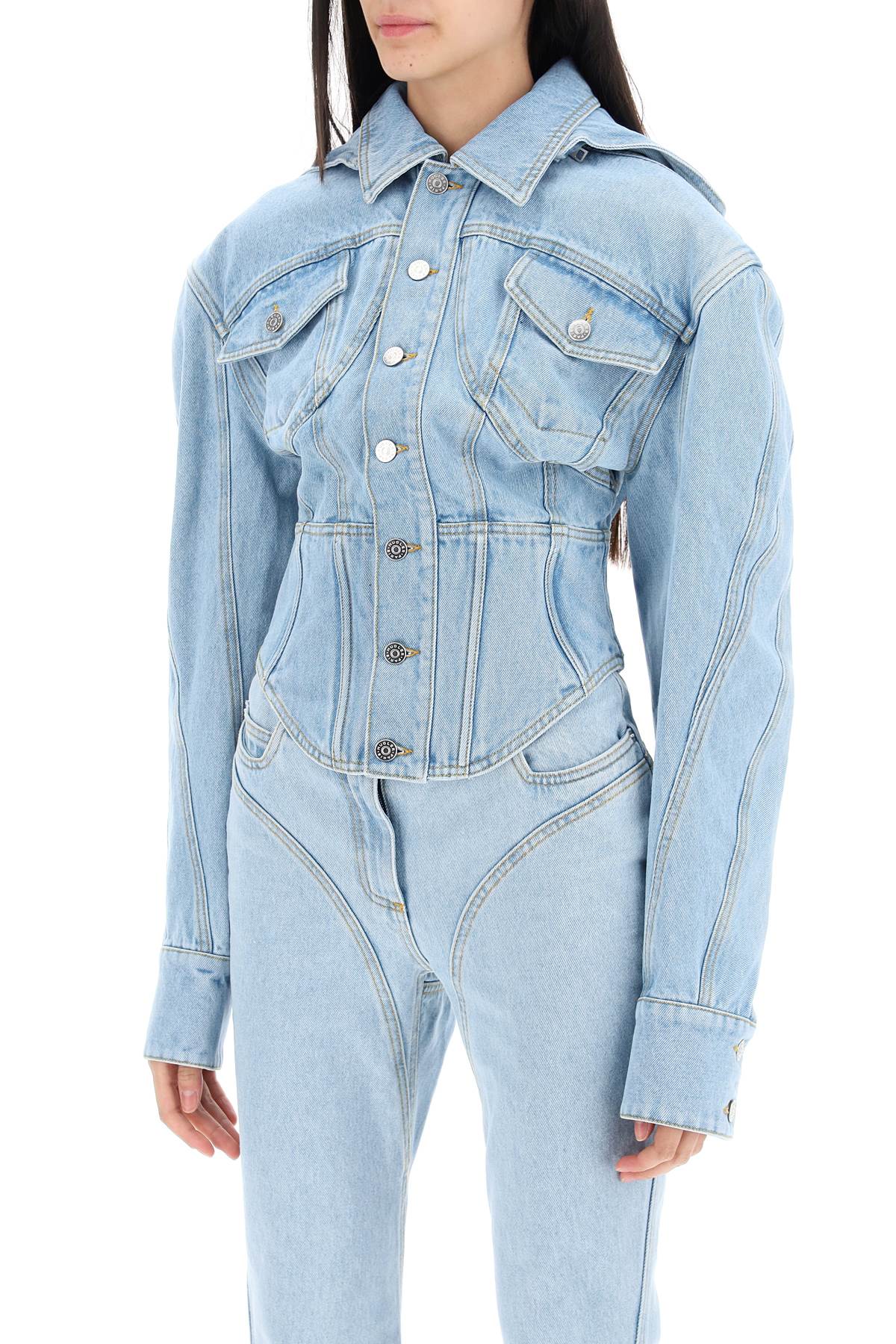 Shop Mugler Denim Jacket With Corset Detail In Light Blue (blue)