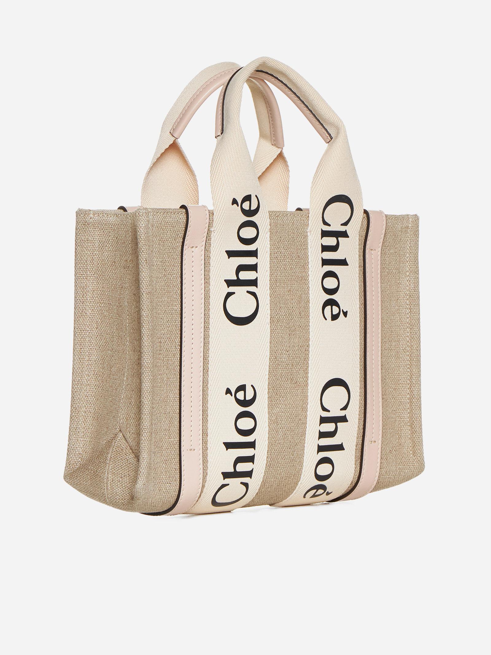 Shop Chloé Woody Linen Small Tote Bag In Beige/pink