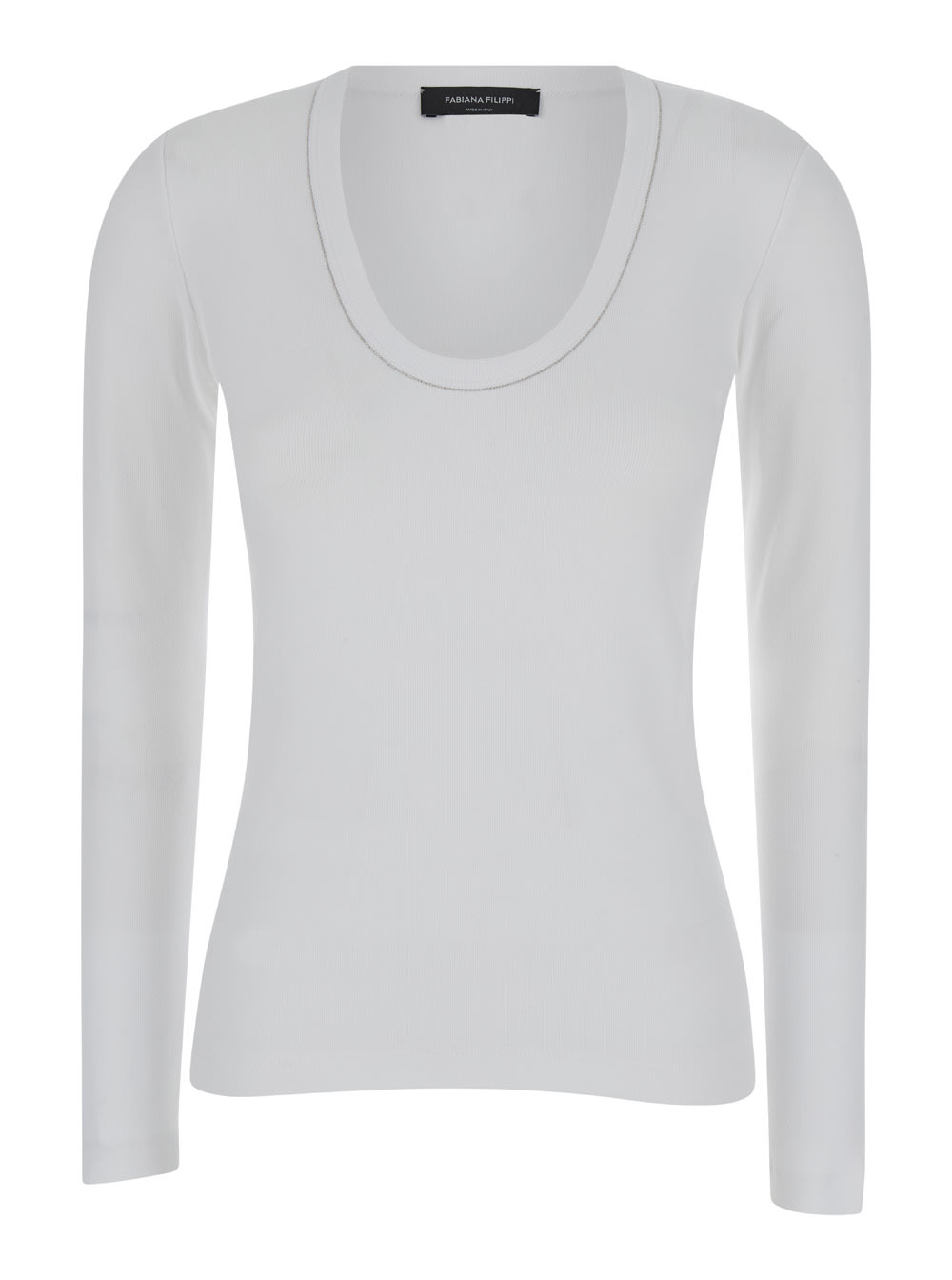 Shop Fabiana Filippi White Long Sleeve Top With Rhinestone In Stretch Cotton Woman