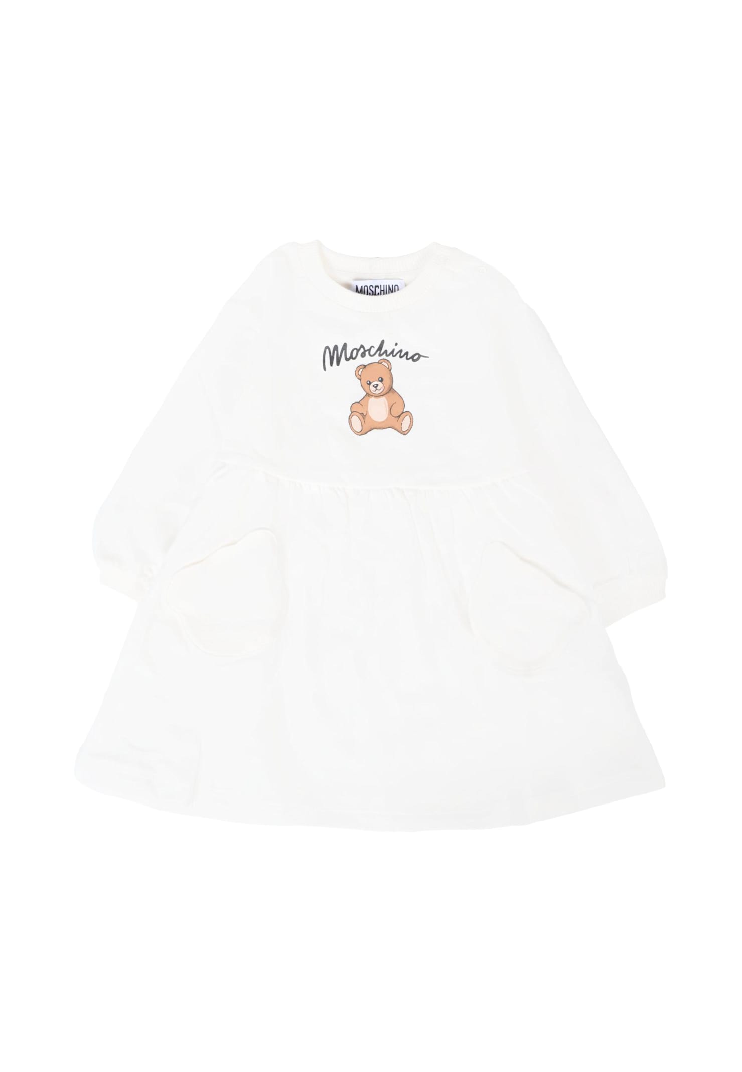 Moschino Ivory Dress For Girl With Teddy Bear And Logo In White