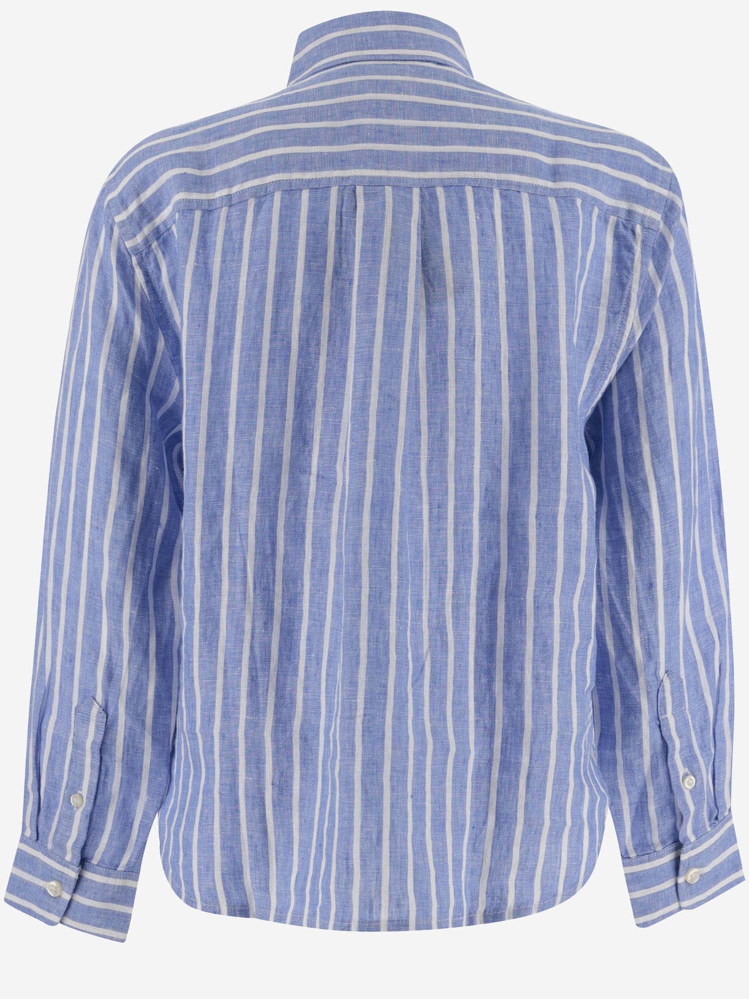 Shop Ralph Lauren Striped Linen Shirt With Logo In Blue