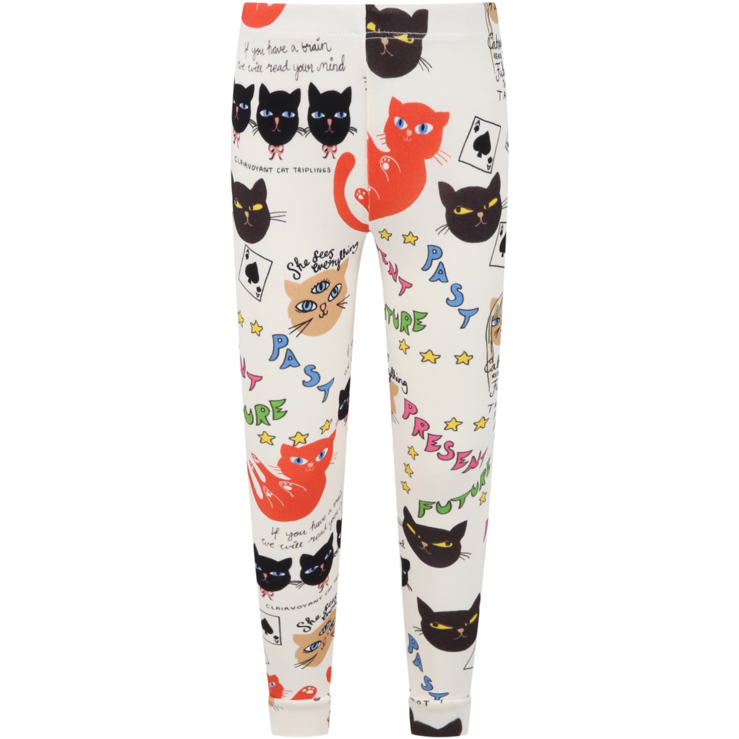 Mini Rodini Ivory Leggings For Kids With Clairvoyant Cats Print