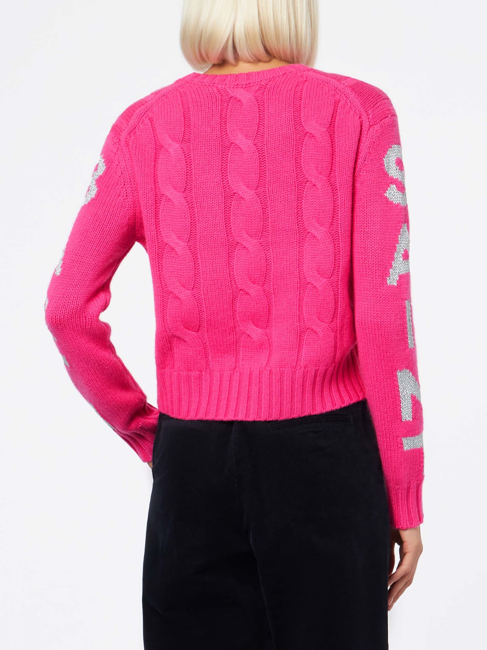 Shop Mc2 Saint Barth Woman Crewneck Braided Sweater With Saint Barth Lurex Print In Pink