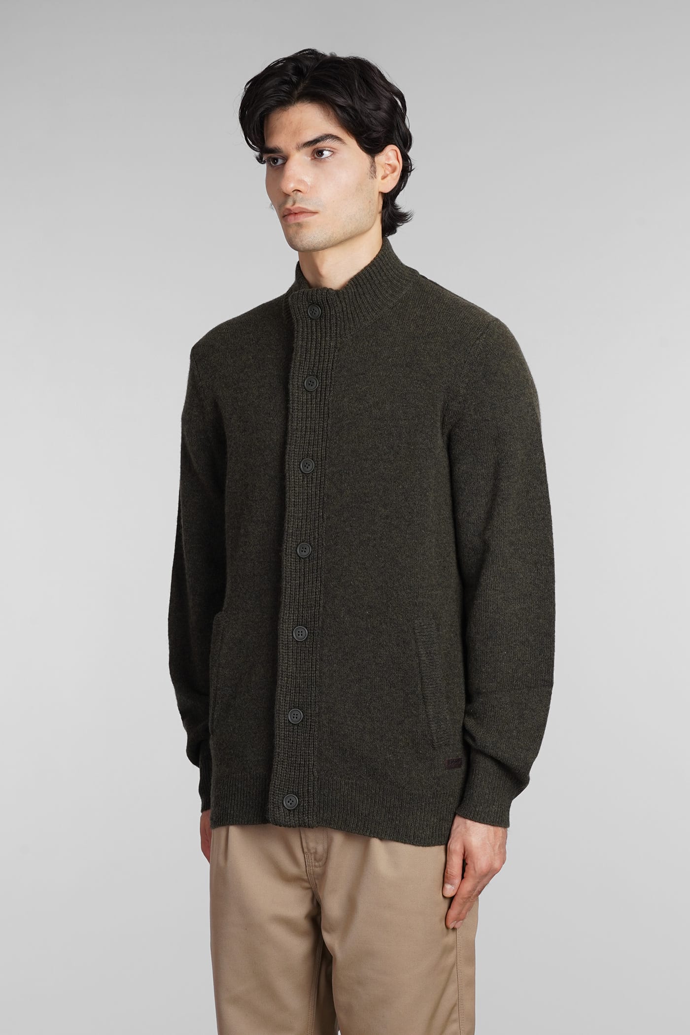 Barbour Patch Zip Card Cardigan In Green Wool In Seaweed