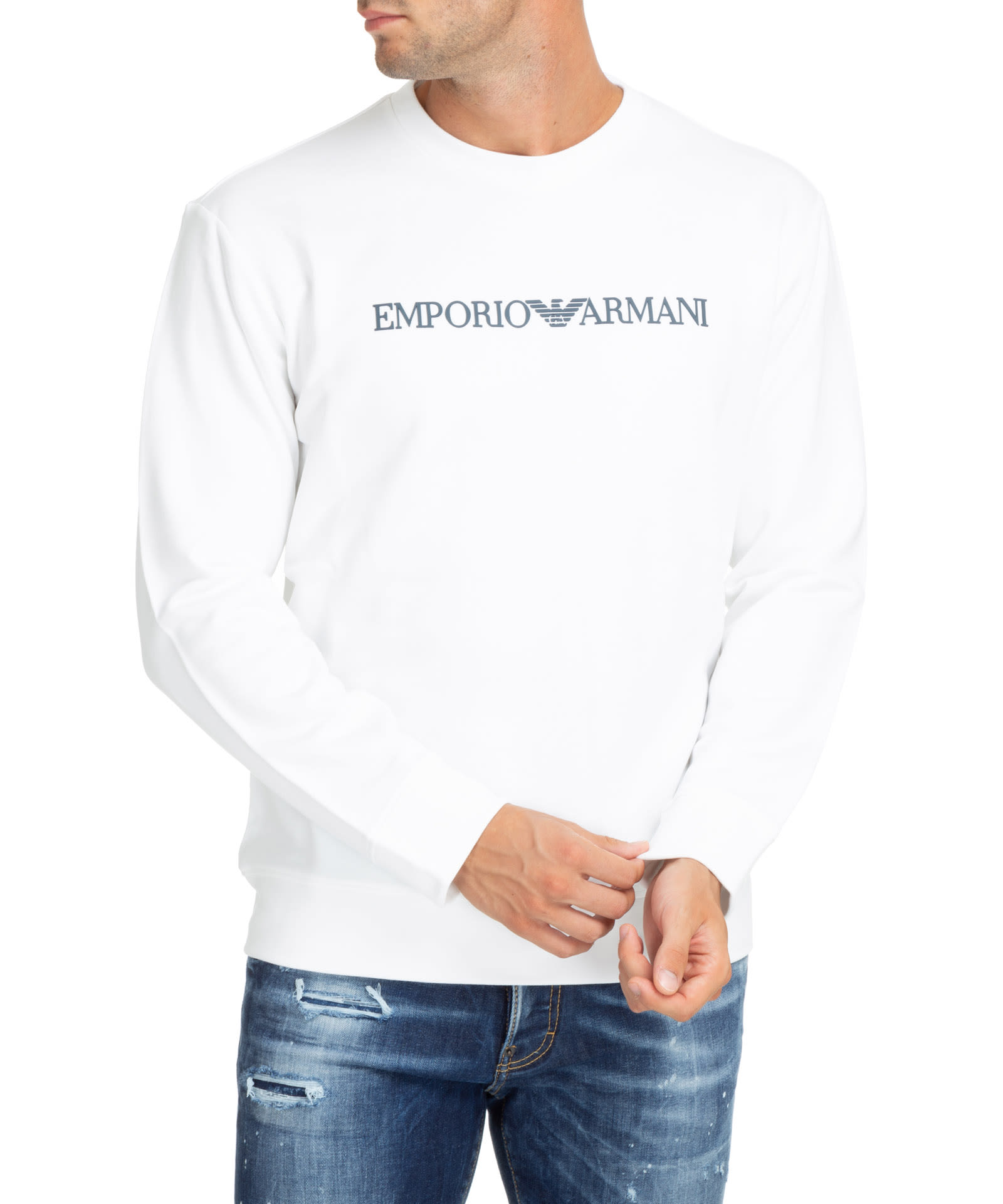 Shop Emporio Armani Cotton Sweatshirt In Bianco Logo