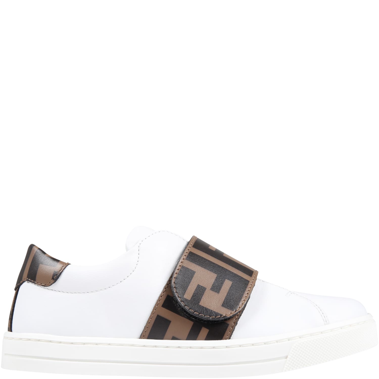 Fendi White Sneakers For Kids With Iconic Brown Pattern