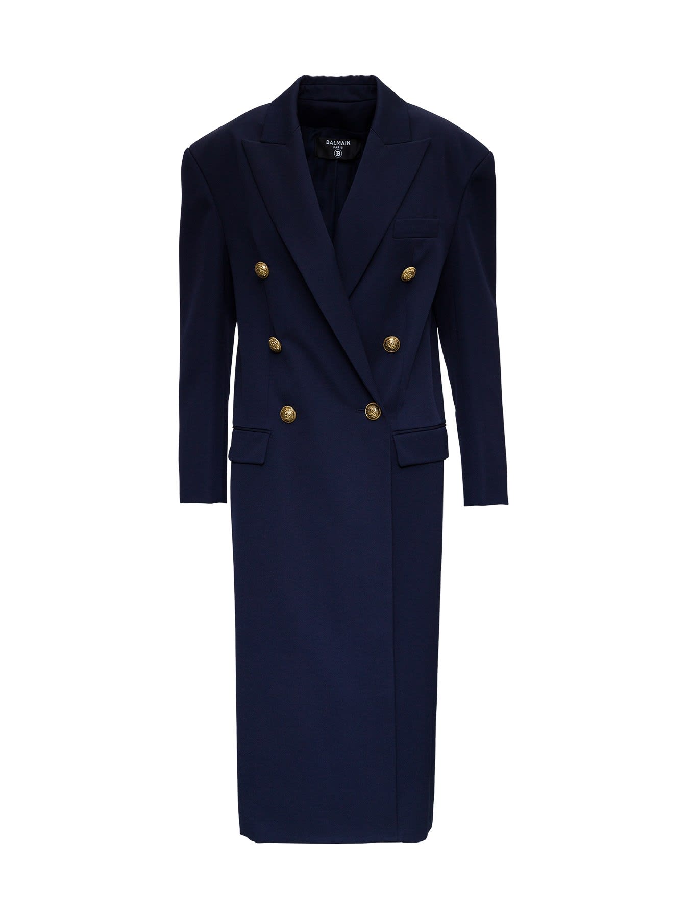 Balmain Long Double-breasted Blue Wool Coat