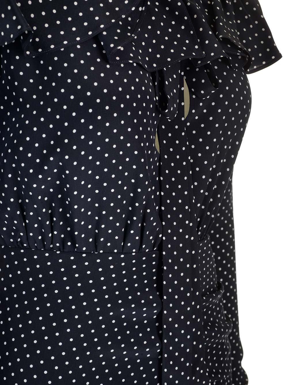 Shop Alessandra Rich Ruched Detail Polka Dot Printed Dress In Blue