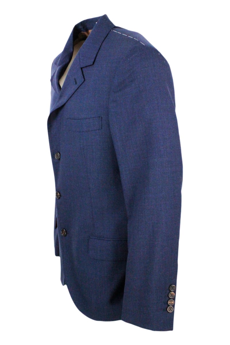 Shop Brunello Cucinelli 3-button Unlined Jacket In Cool Wool Canvas.the Buttons Are In Brown Horn In Blu