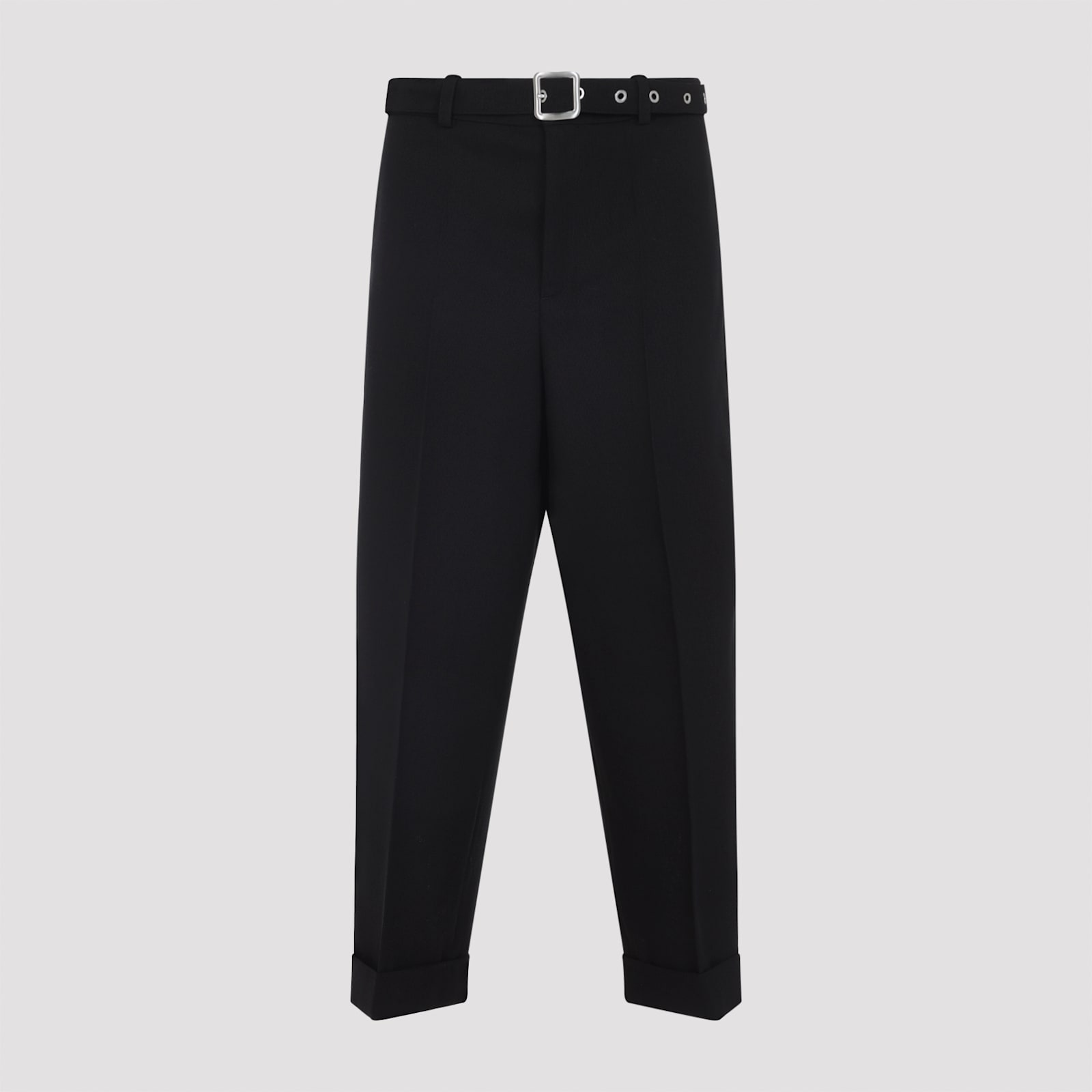 Jil Sander Relaxed Fit Black Wool Pants With Detachable Belt And Turn-up Hem In Black