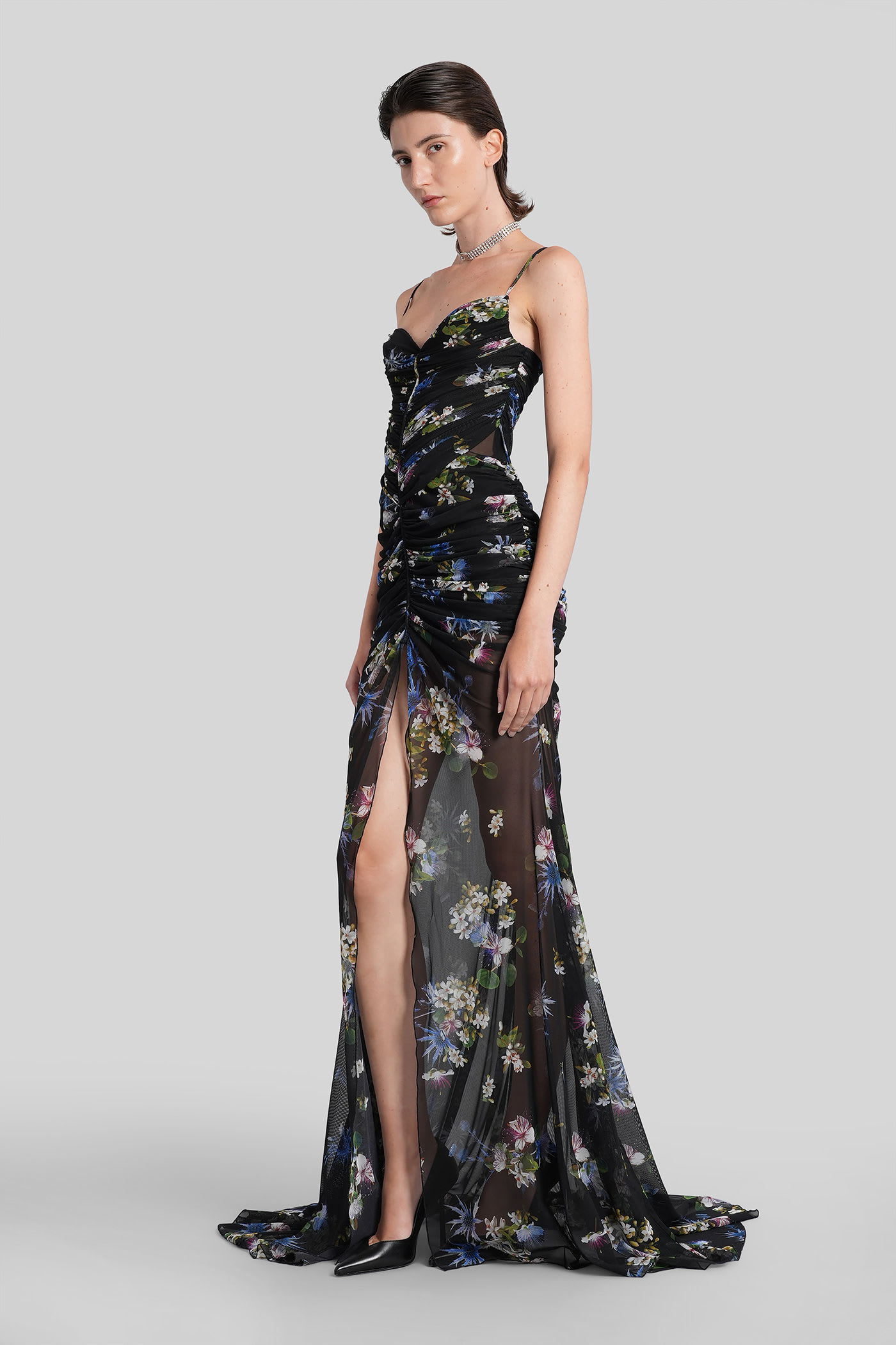 Blumarine Floral-print Ruched Maxi Dress In Black