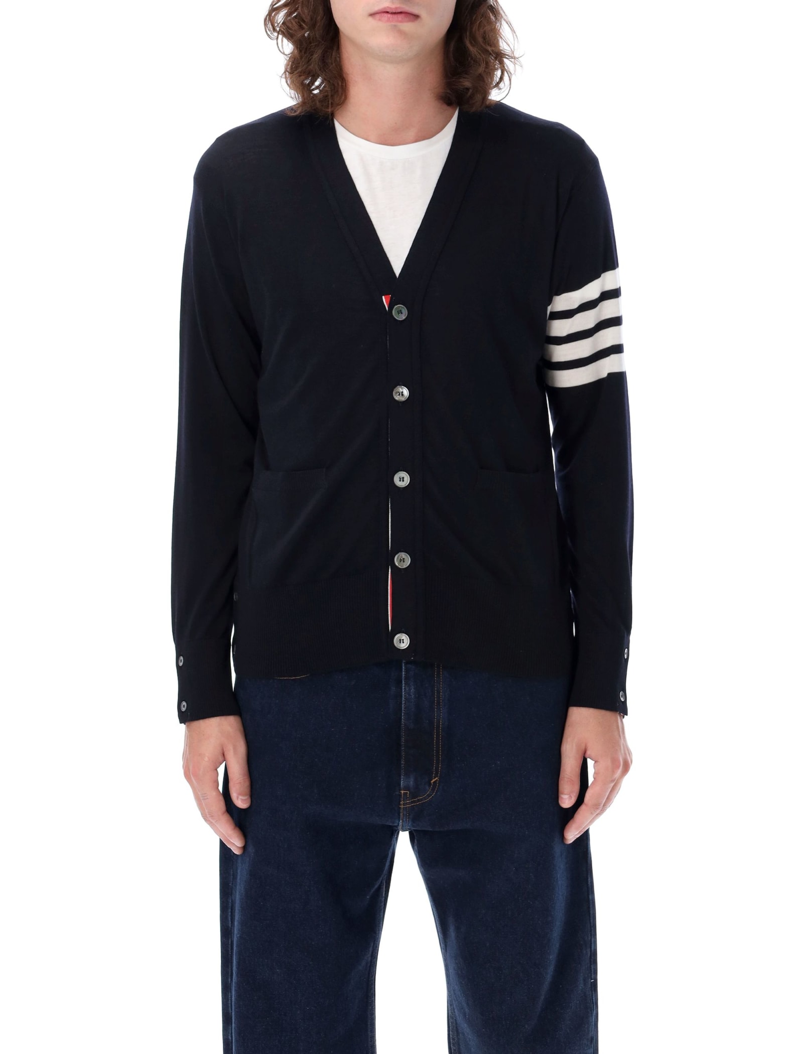 Shop Thom Browne Classic V-neck Cardigan Sustainable In Navy
