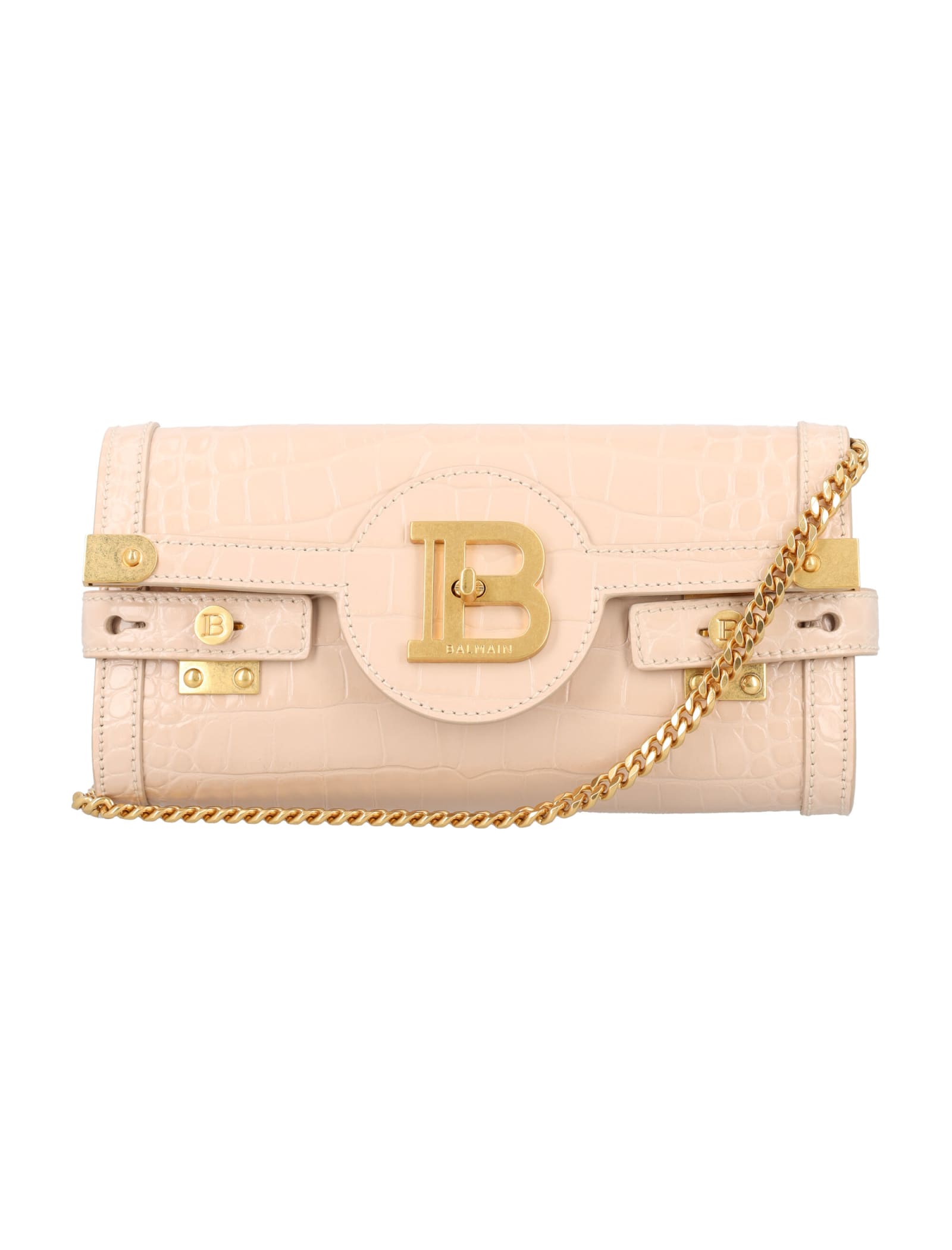 Shop Balmain B-buzz 23 Croc-embossed Leather Clutch In Nude