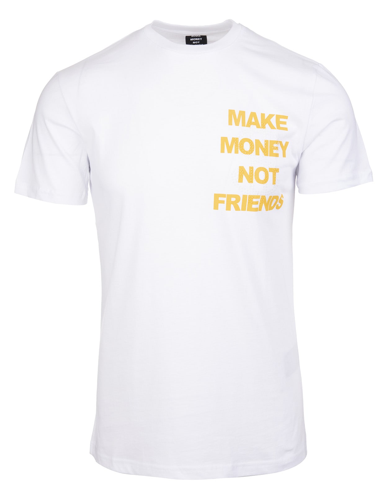 Make Money Not Friends White T-shirt With Yellow Logo And Rhinestone Dollar