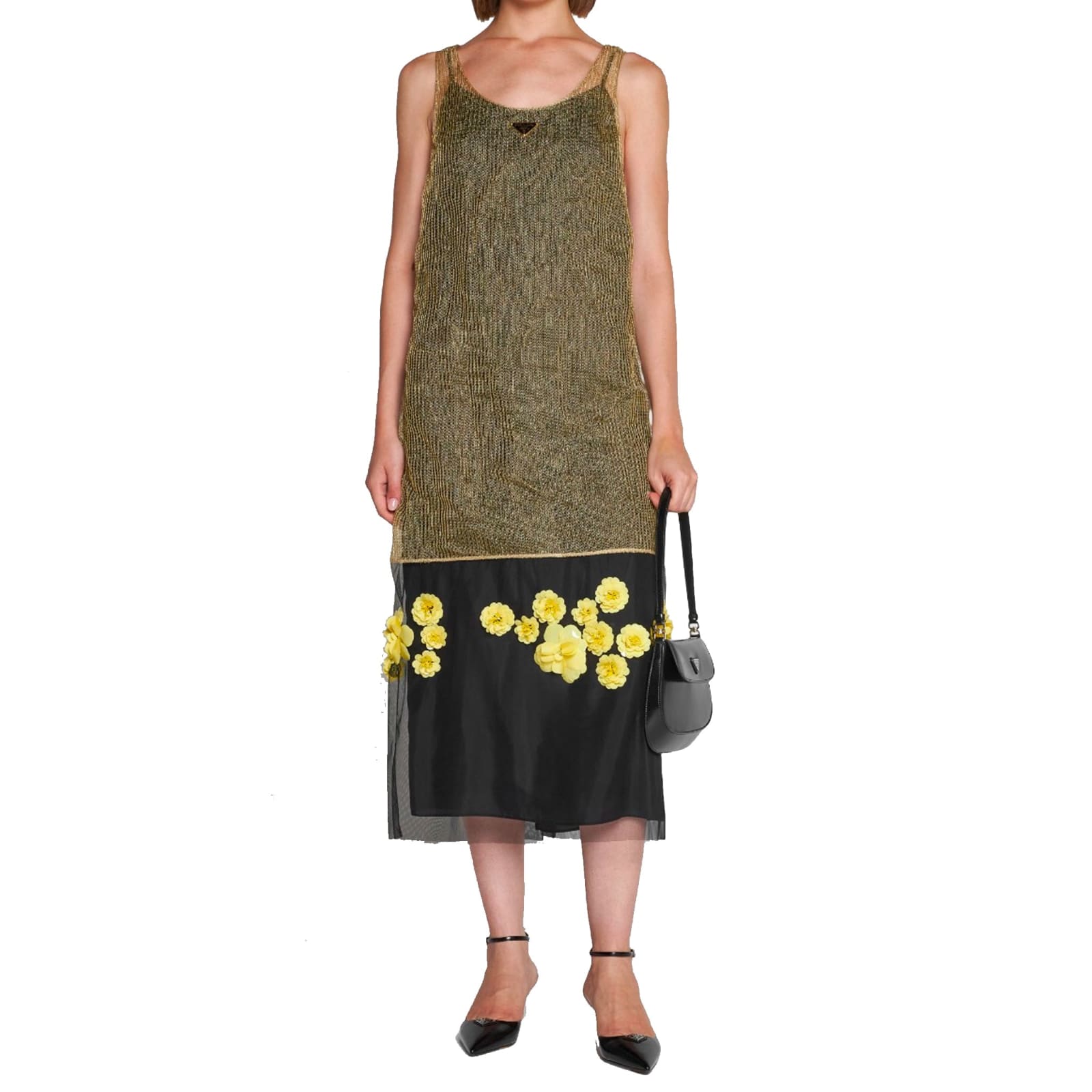 Shop Prada 3d Flowers Lurex Knitted Dress In Gold