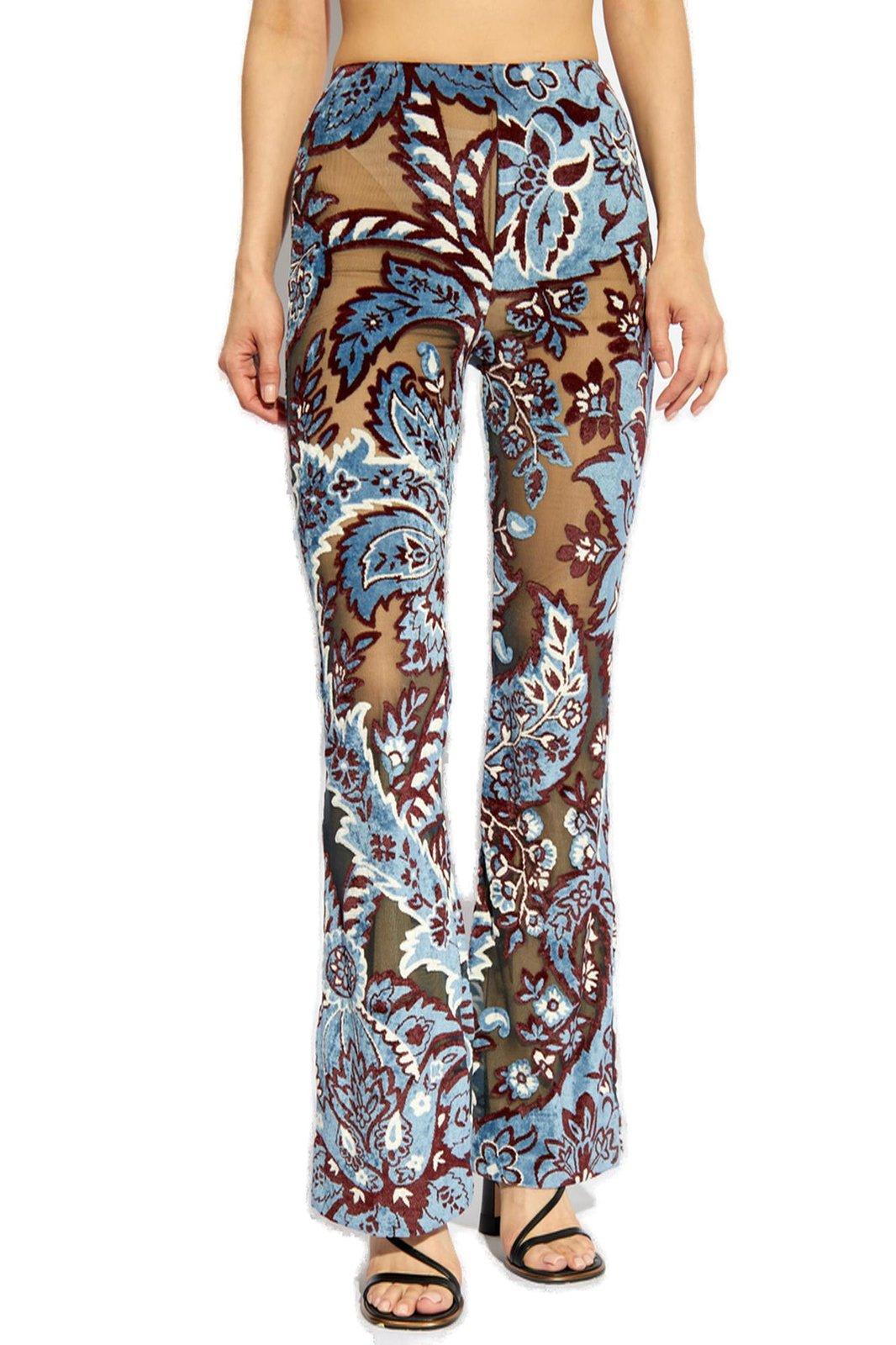 Shop Etro Floral Pattern Flared Trousers In Clear Blue