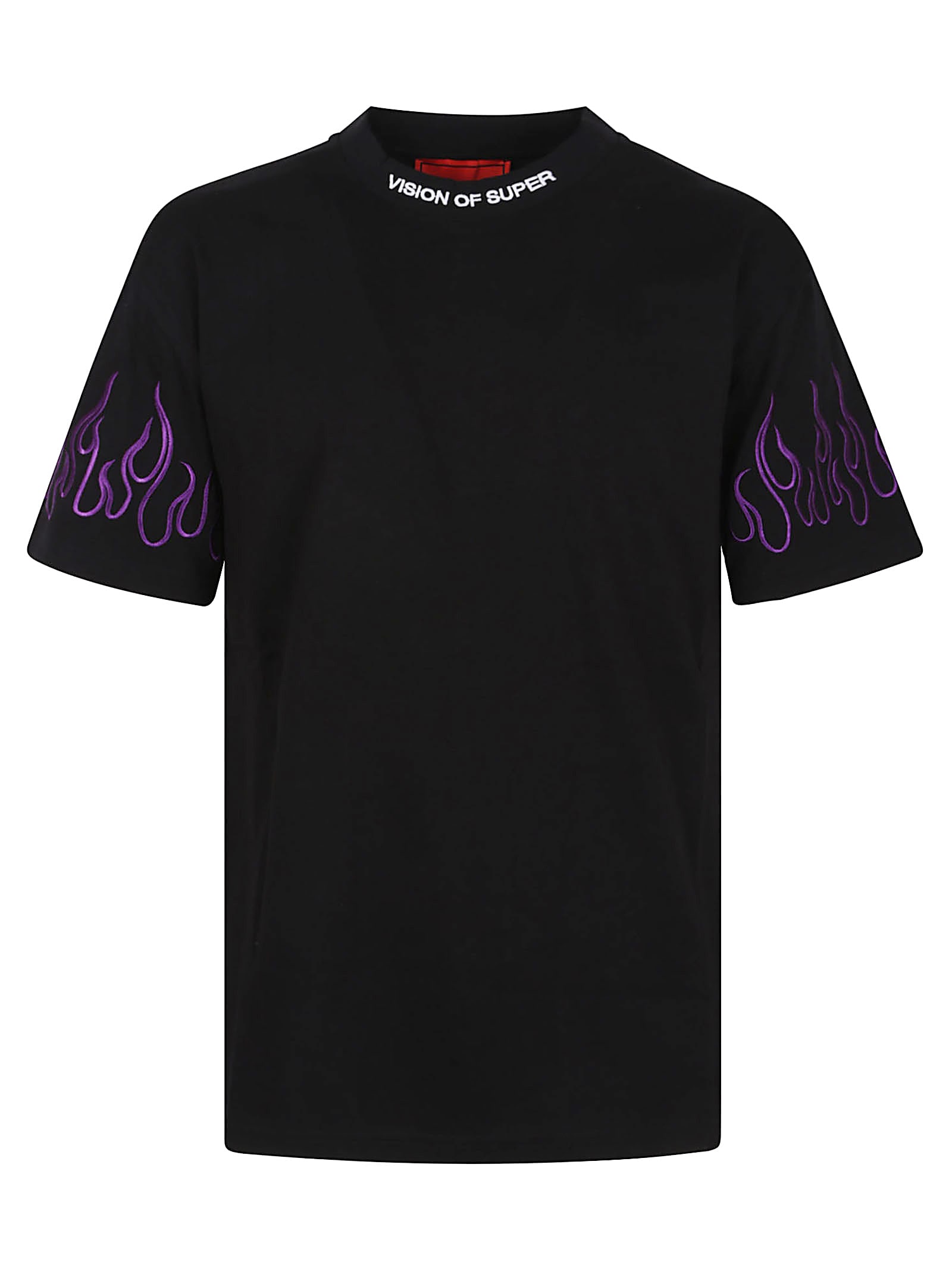 Black T-shirt With Embroidered Purple Flames And White Logo