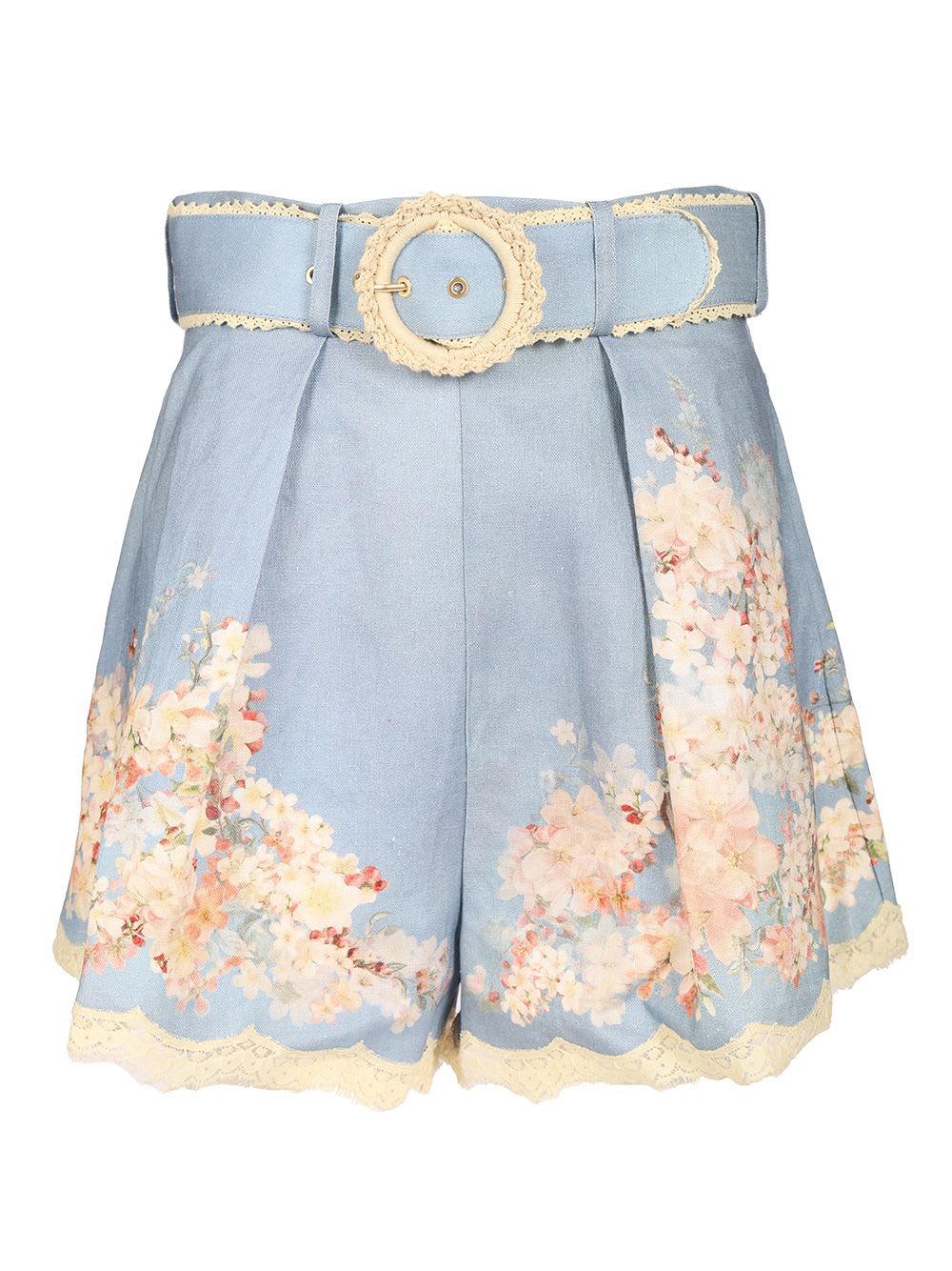 Zimmermann Teal Blue Botanical Floral Linen Cascadian Shorts In Blue