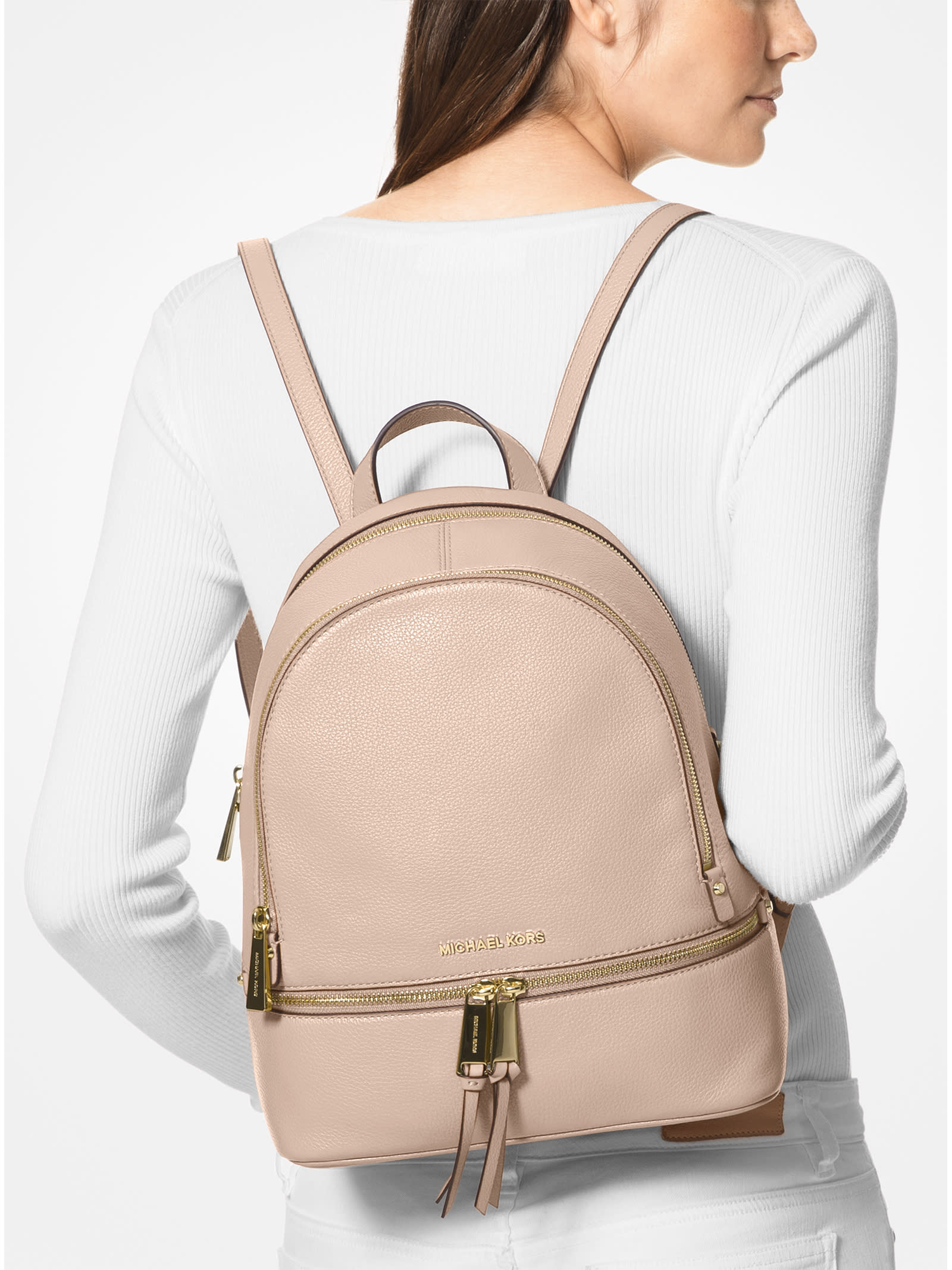Shop Michael Kors Rhea Medium Leather Backpack In Soft Pink