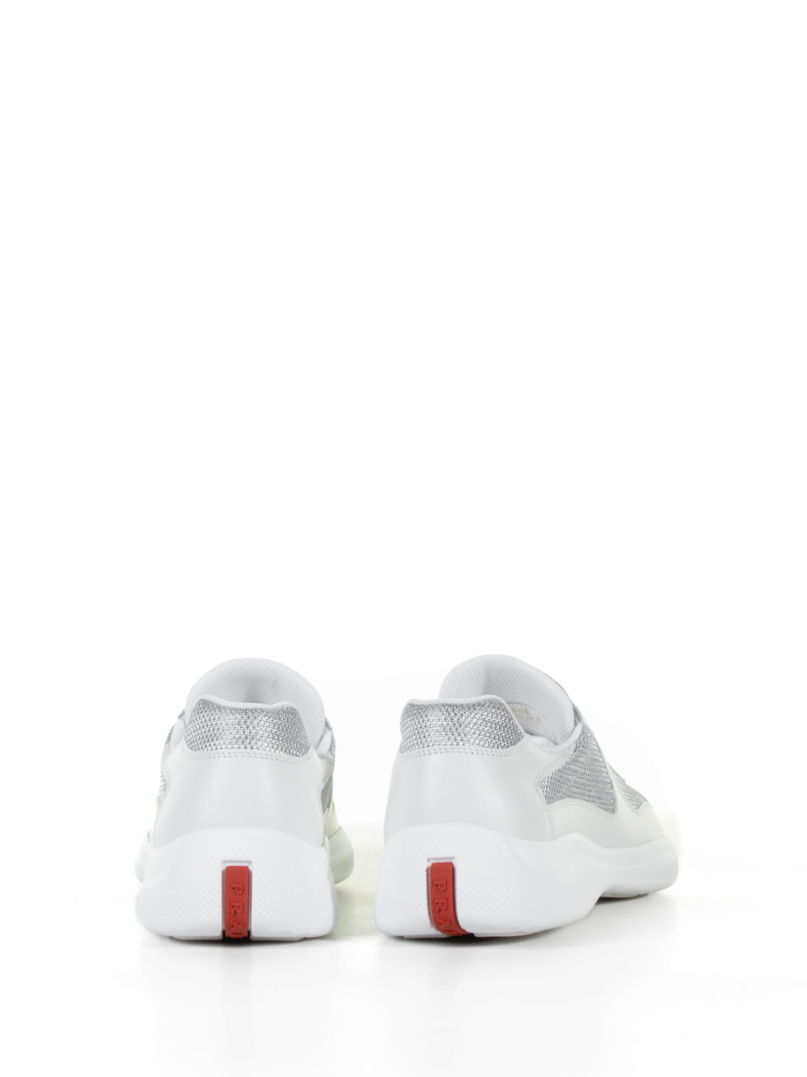Prada Two-tone Leather And Fabric America S Cup Sneakers In Bianco/argento