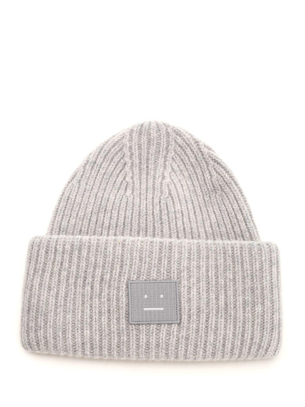 Shop Acne Studios Face Logo Patch Ribbed Beanie In Light Grey Melange