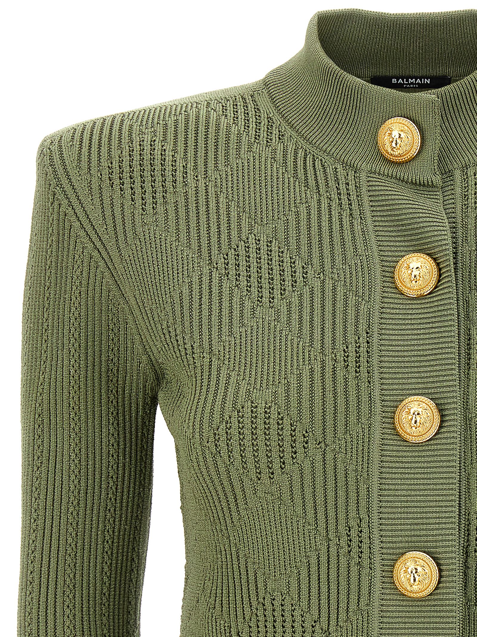 Shop Balmain Openwork Knit Cardigan In Green