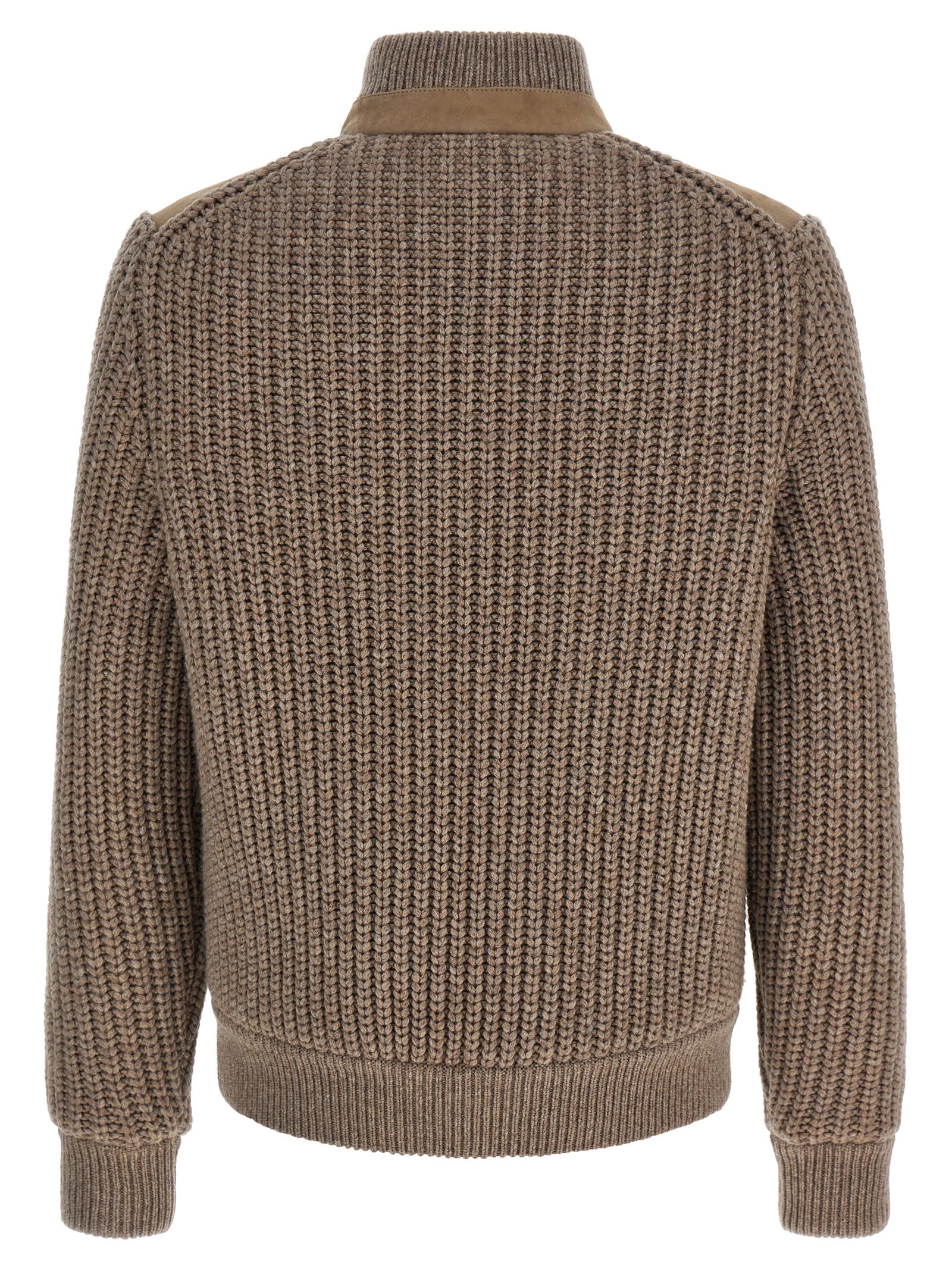 Brunello Cucinelli Bomber Jacket With Knitted Back And Textured Knit Sleeves In Brown