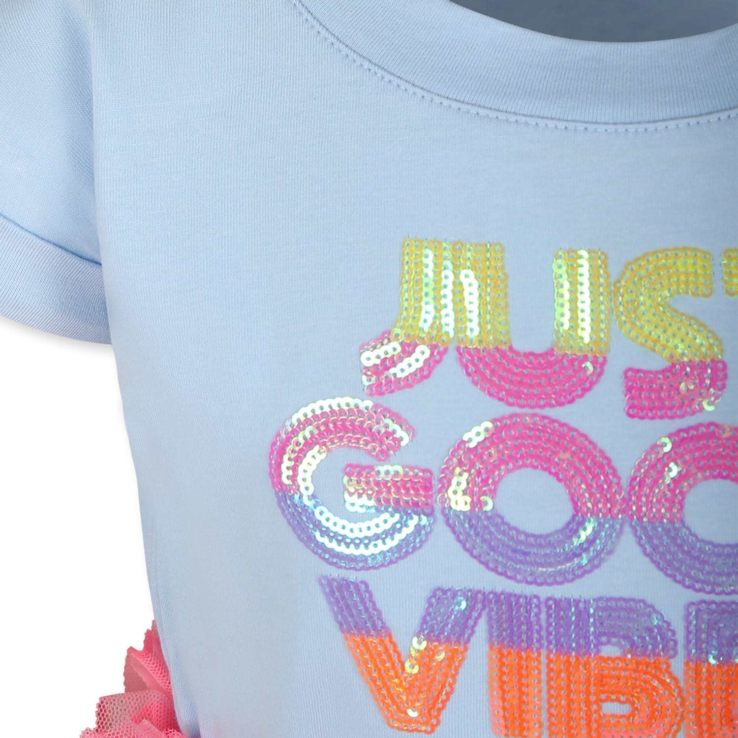 Shop Billieblush Light Blue Dress For Girl With Writing And Sequins In Multicolor