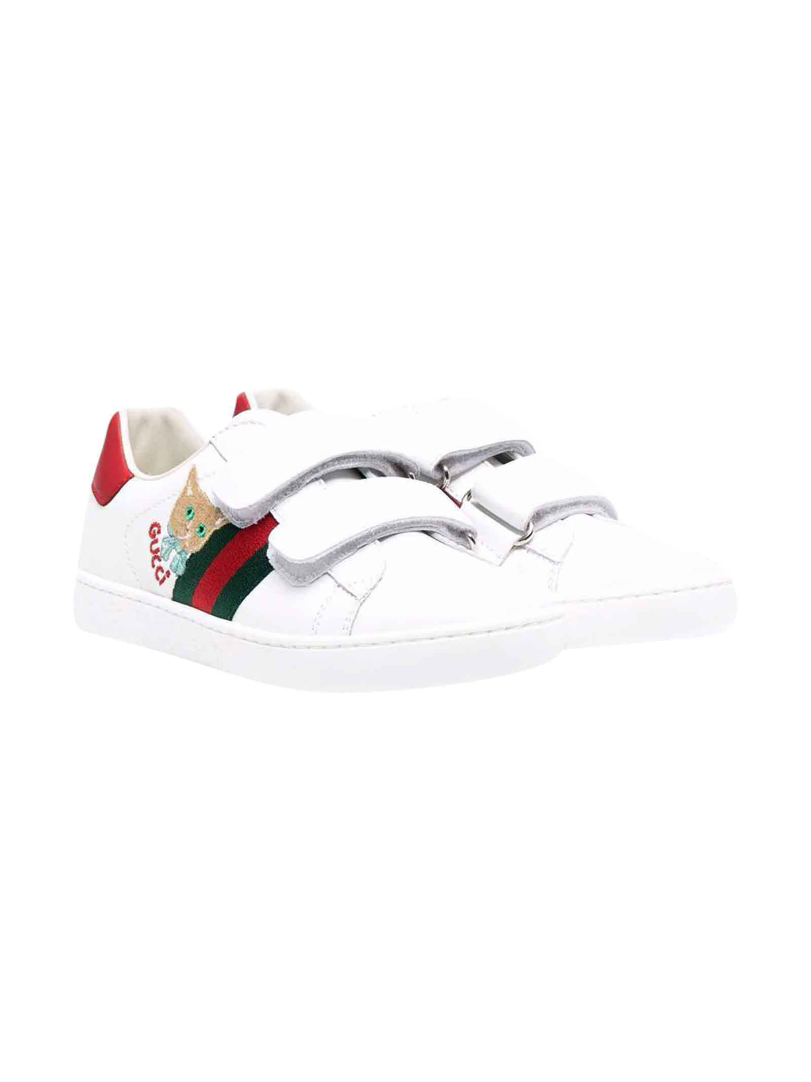Gucci White And Red Sneakers With Strap Frontal Closure, Round Tip And Logo
