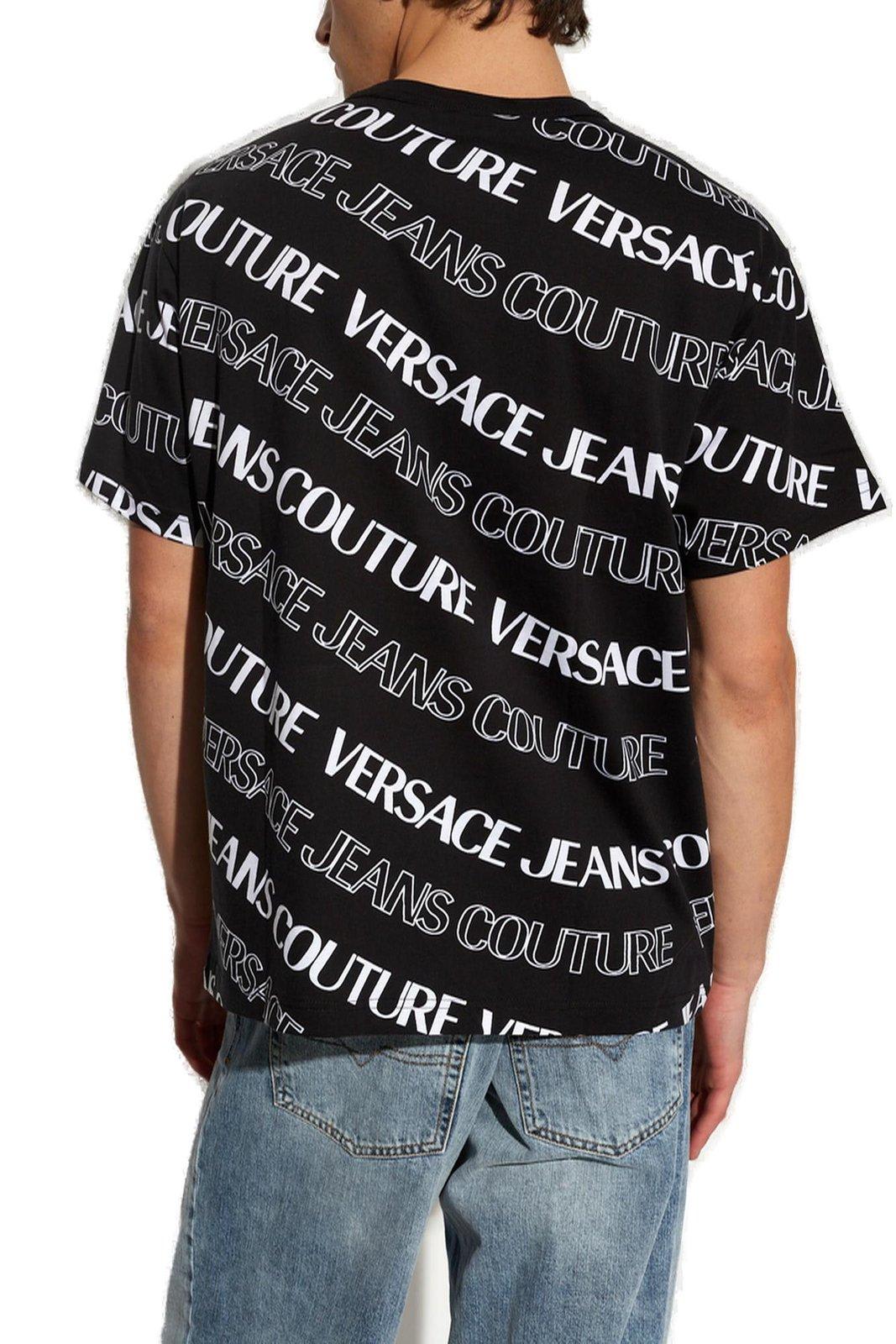 Shop Versace Jeans Couture Allover Logo Printed Crewneck T-shirt In Black